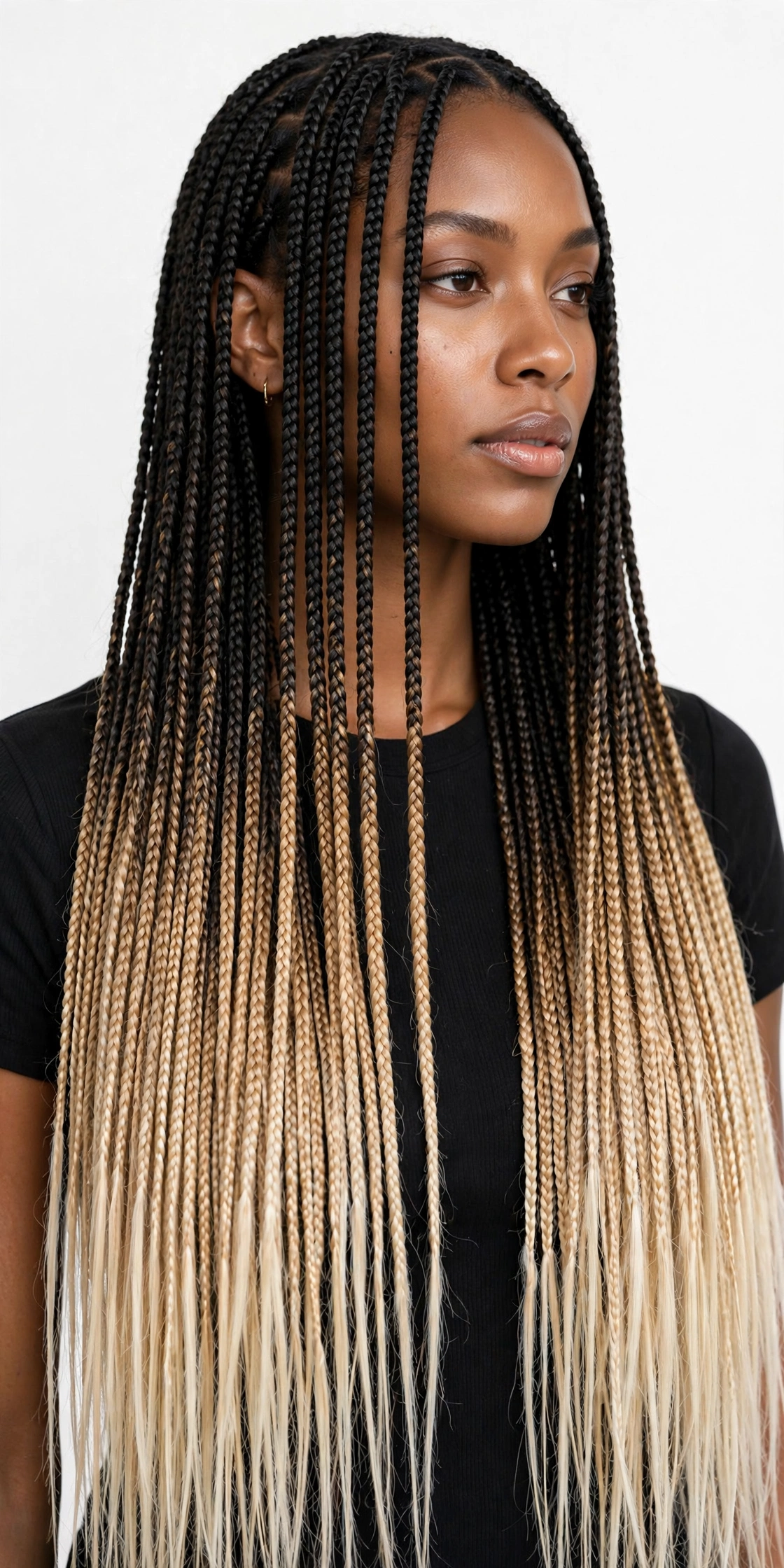 Long knotless braids with ombre color fading from black roots to blonde ends