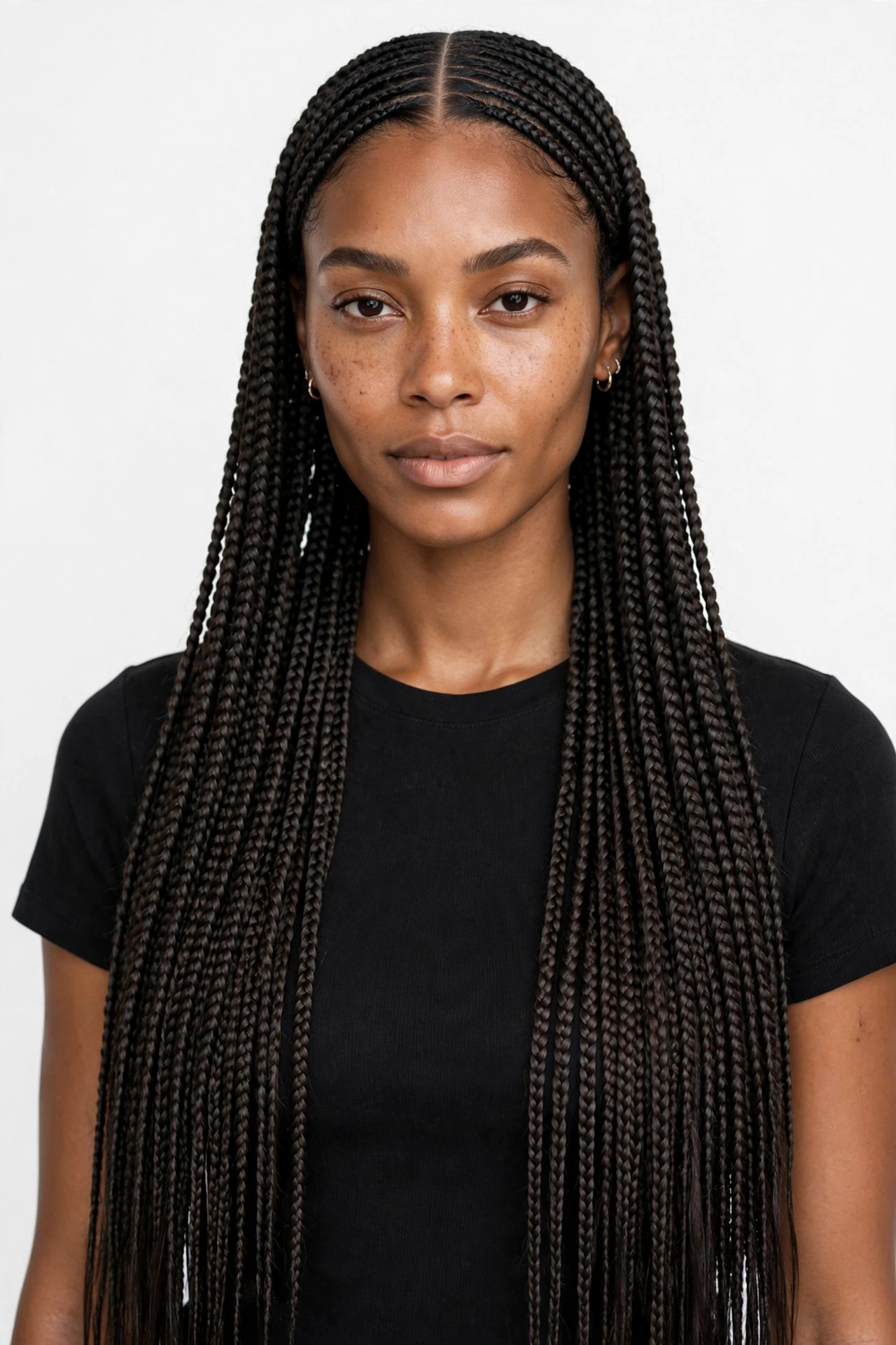 Long knotless braids in a clean middle part falling evenly on both sides