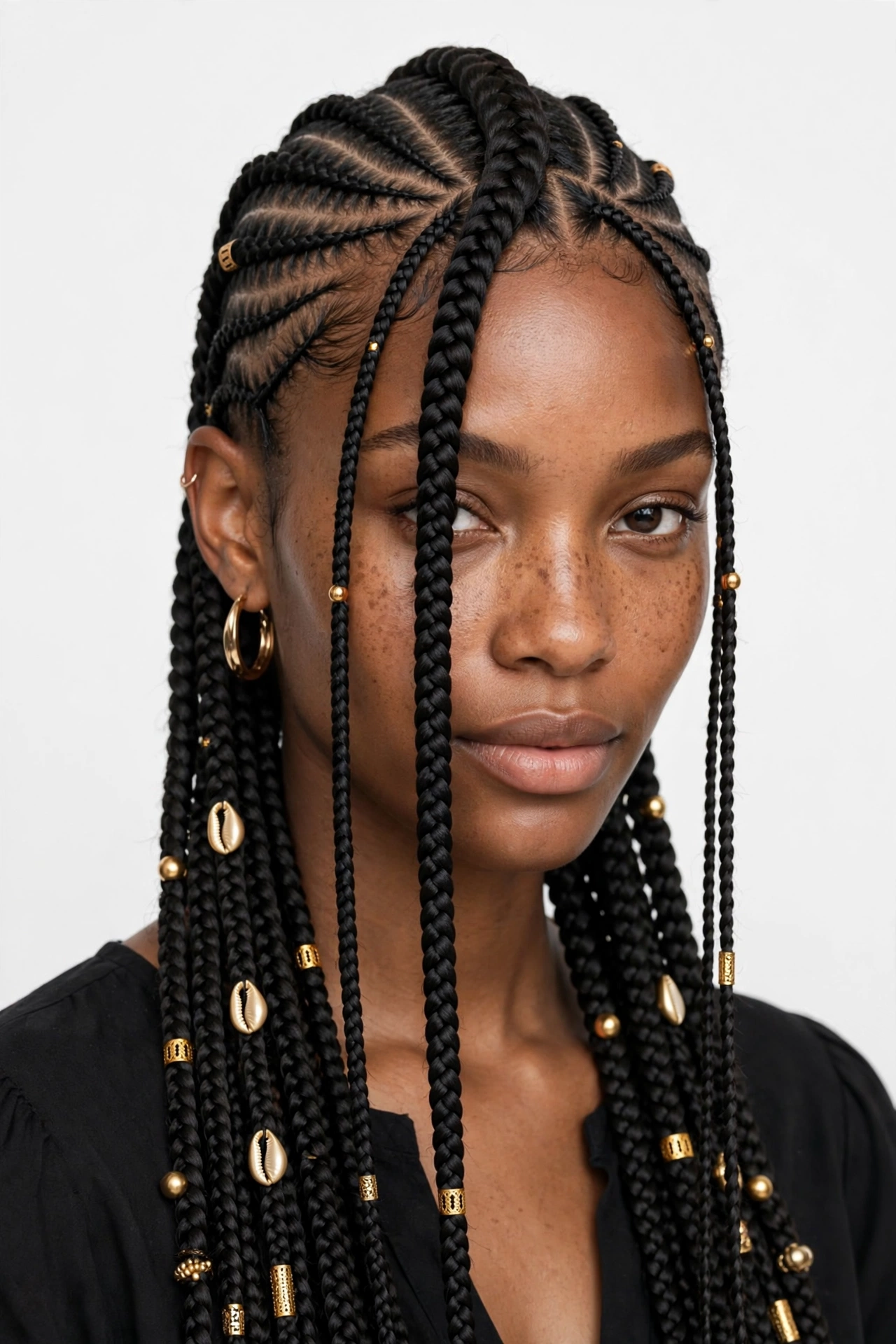 Knotless braids with thin cornrow accents across the front in Fulani style