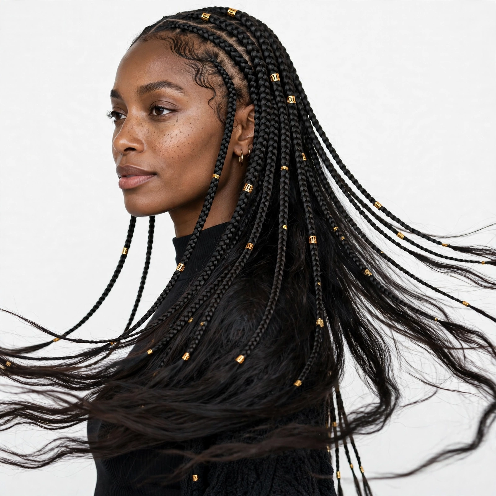 Woman with waist-length knotless braids styled half-up, decorated with small gold cuffs