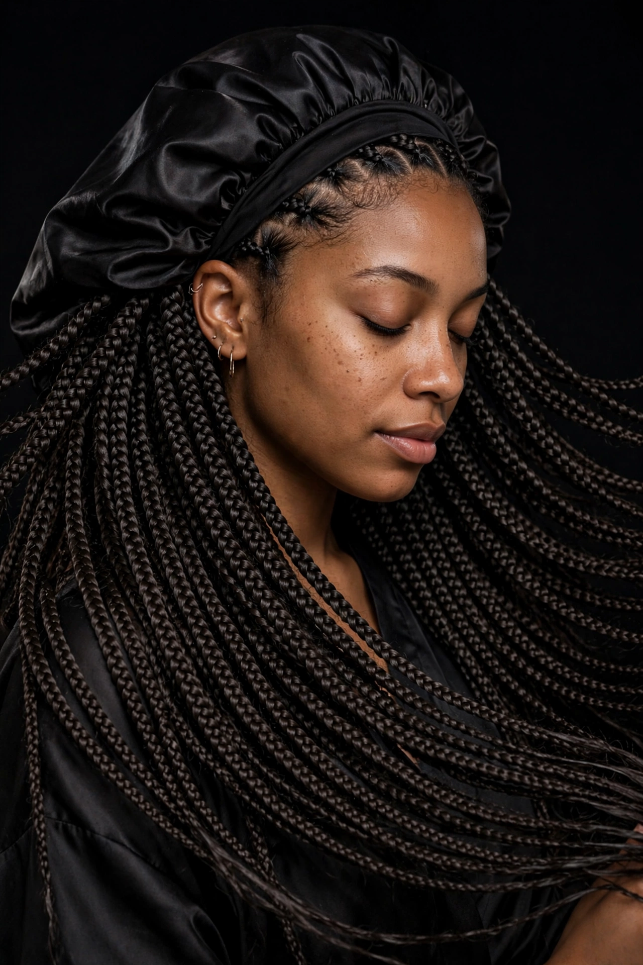 Woman with fresh knotless braids wearing a satin bonnet for nighttime maintenance