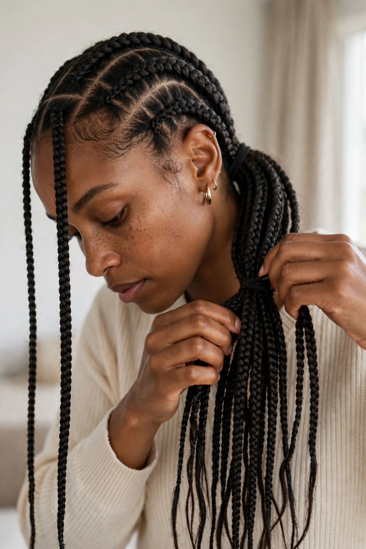 Woman at home styling her own knotless braids into a low ponytail