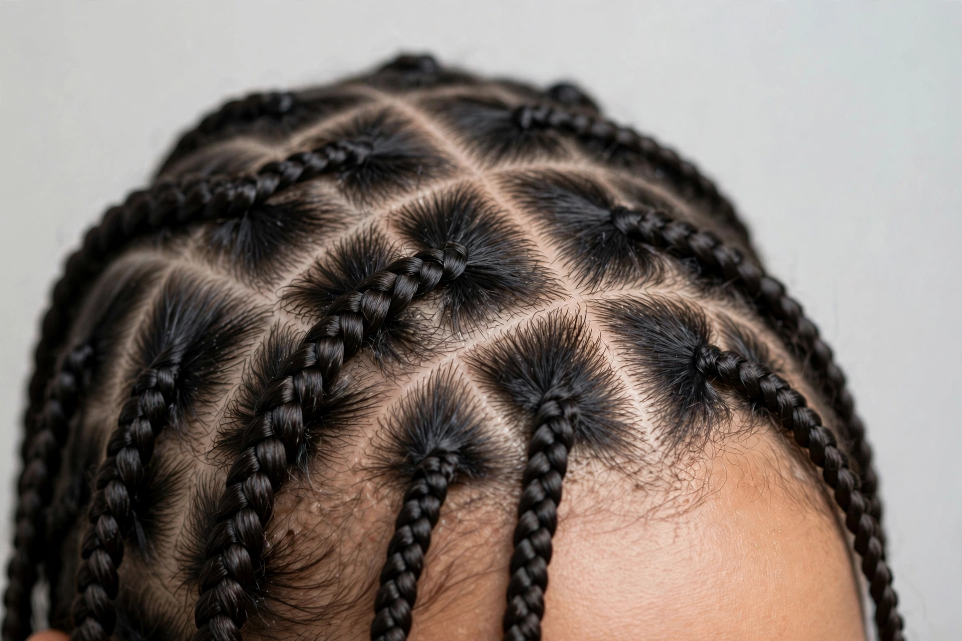 Long knotless braids on a woman, close-up showing natural flat roots with no knot bump at the scalp