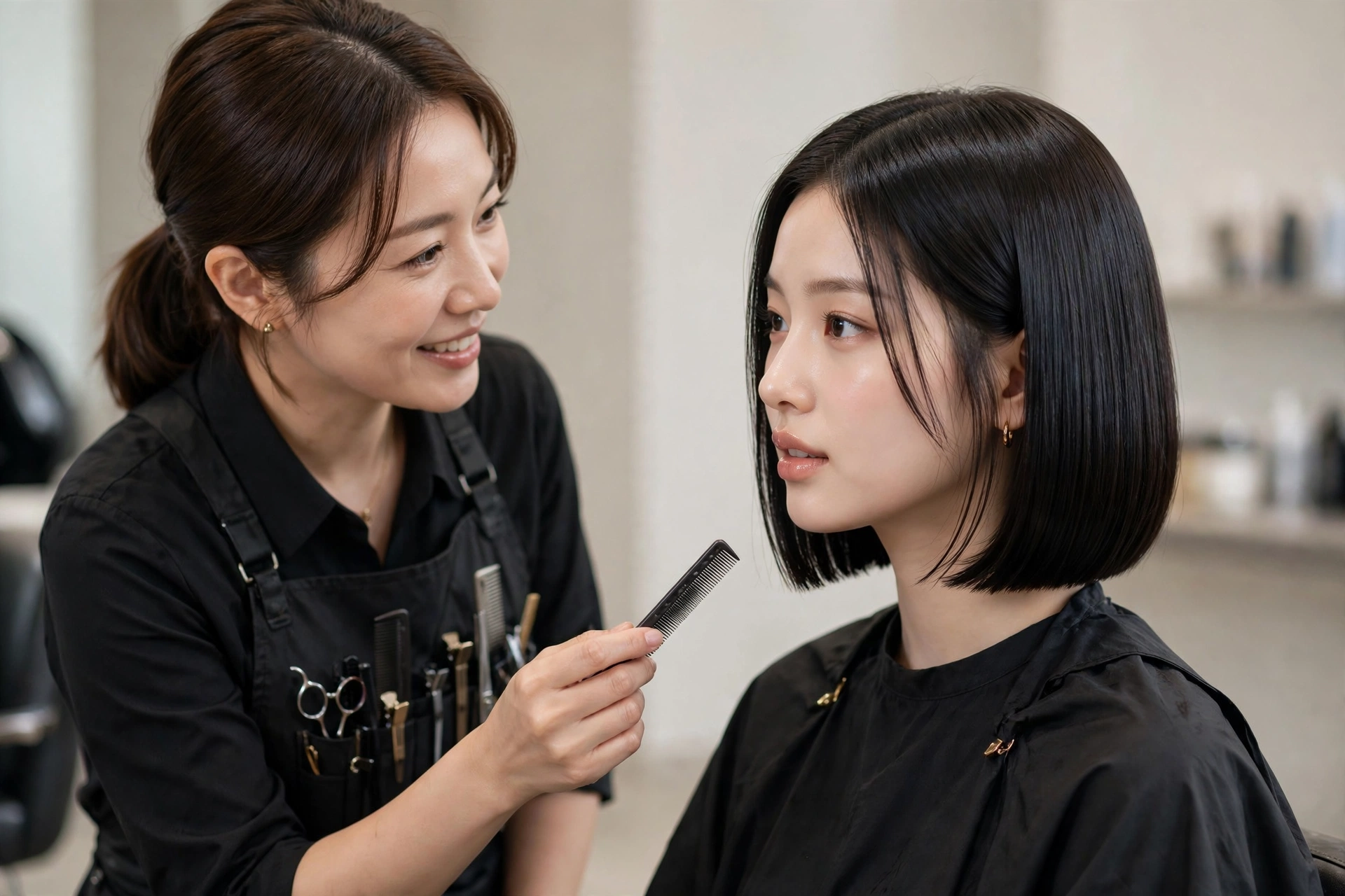 female stylist consulting with a woman client in a salon chair, discussing bob haircut