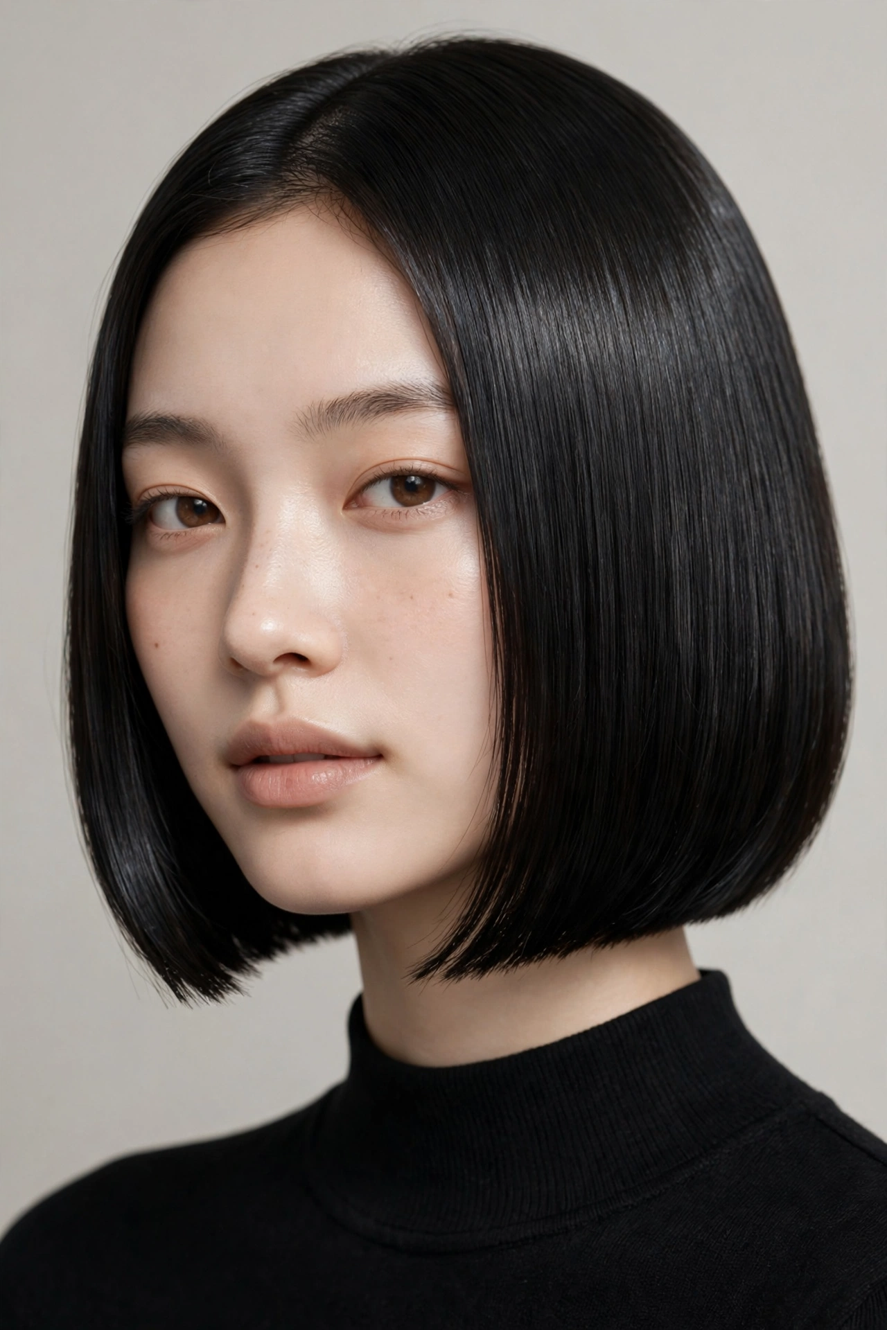 three women with different face shapes wearing sleek kpop bobs, studio lighting