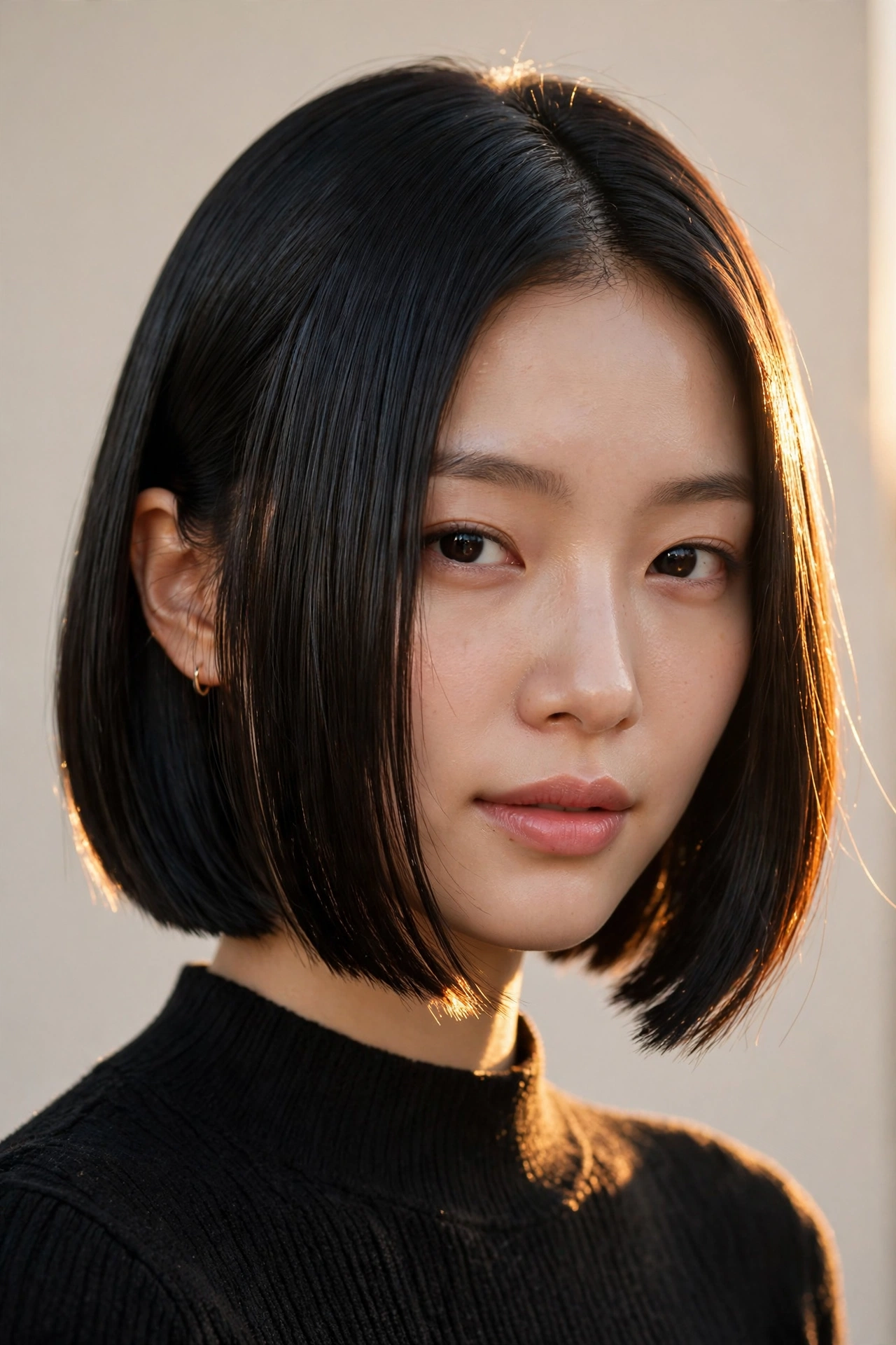 confident young woman with a flawless sleek kpop idol bob, golden hour portrait, premium photography