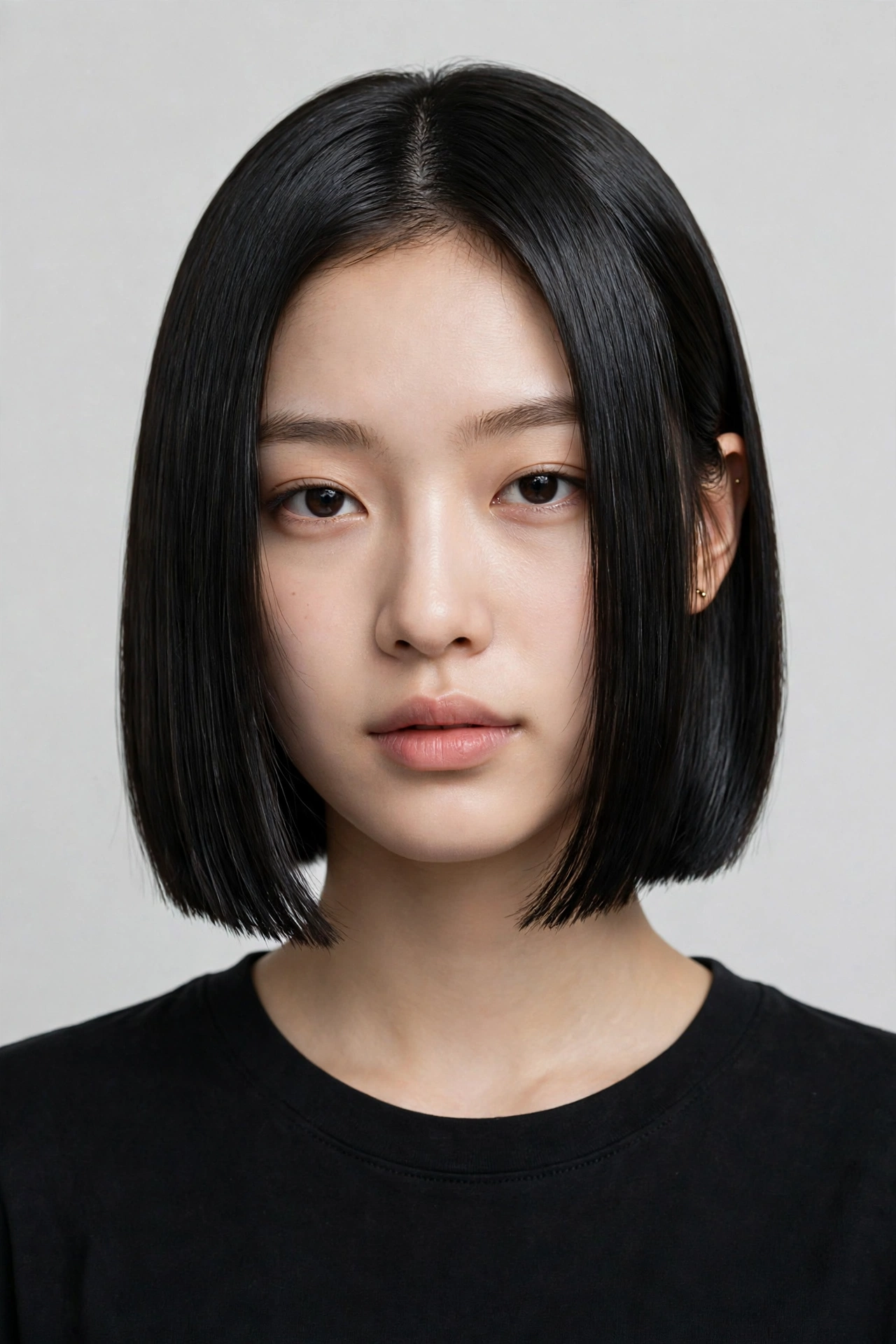 young woman with the classic glass bob, razor-sharp chin-length ends, mirror-shine black hair