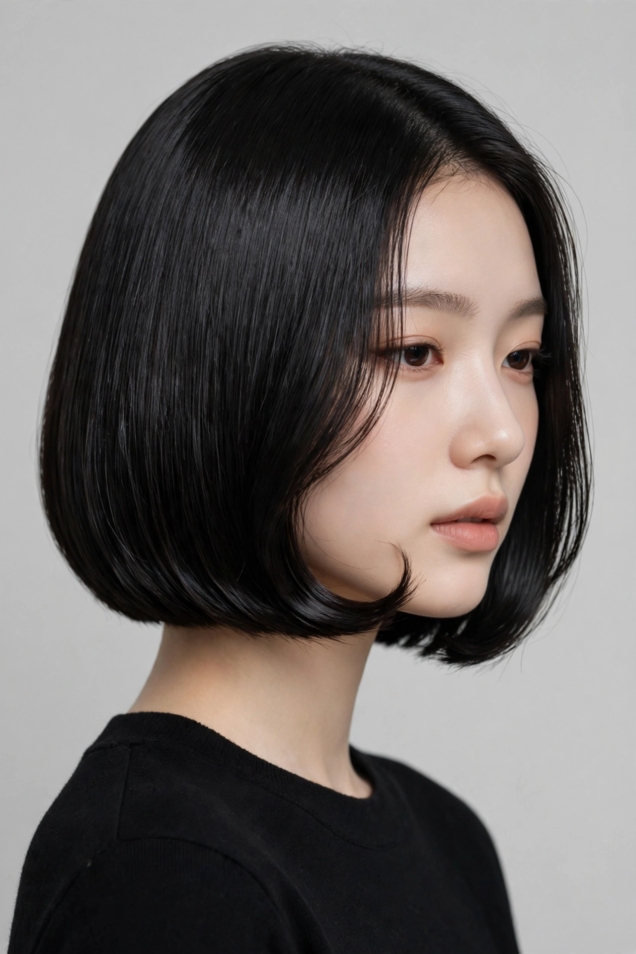 woman with a c-curl bob, ends curving softly inward, glossy dark hair, three-quarter view