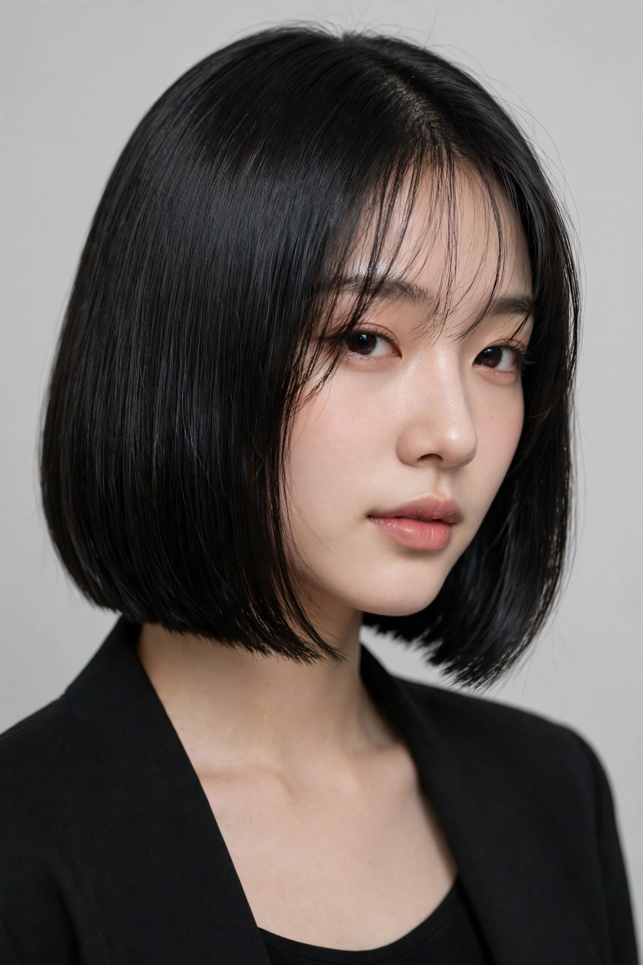 young woman with see-through wispy bangs and a sleek kpop bob, soft natural lighting