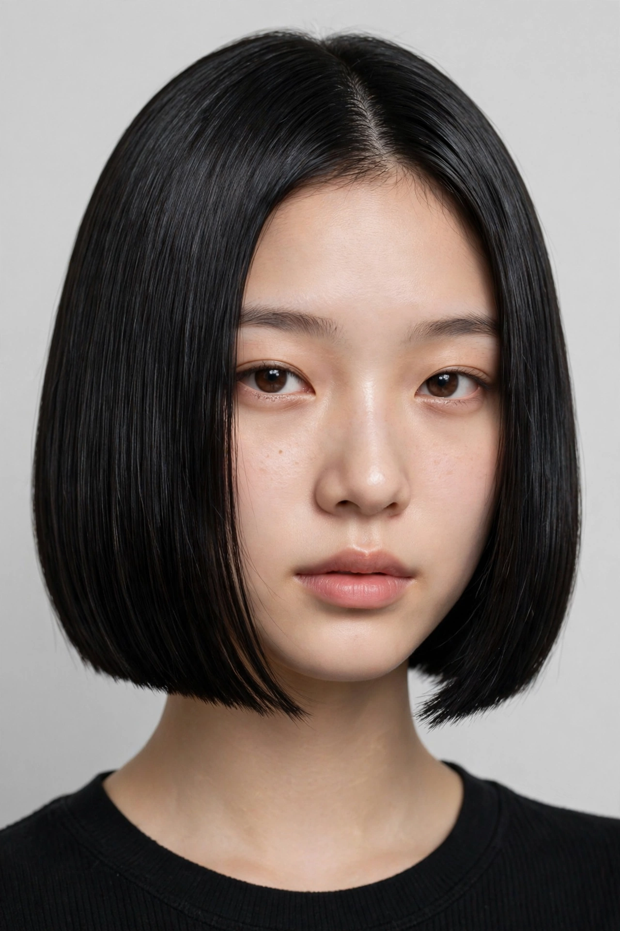 woman with a heavy blunt idol bob, thick sharp perimeter, glossy black hair, studio portrait