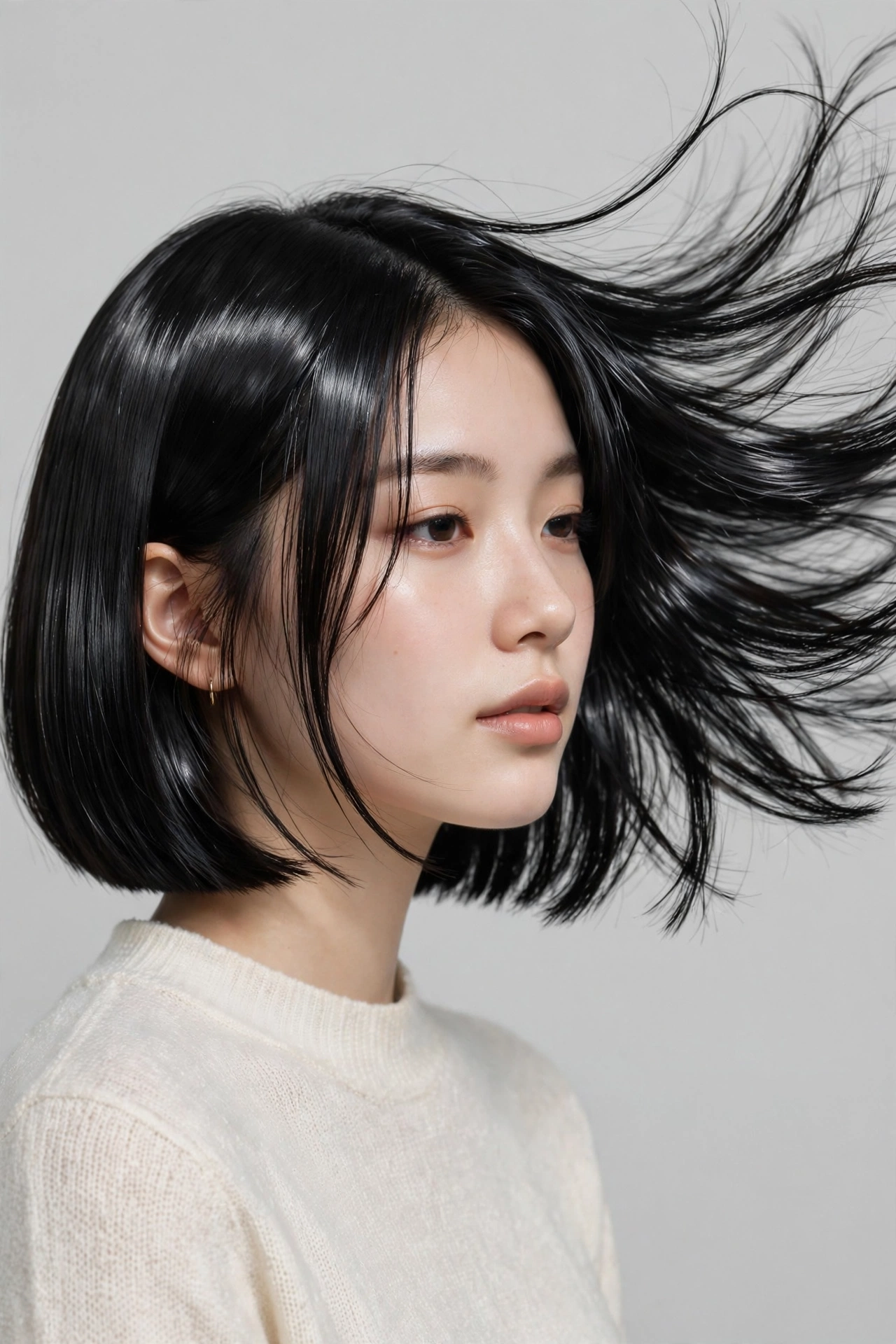 woman with a layered airy kpop bob, soft invisible layers, hair in gentle motion