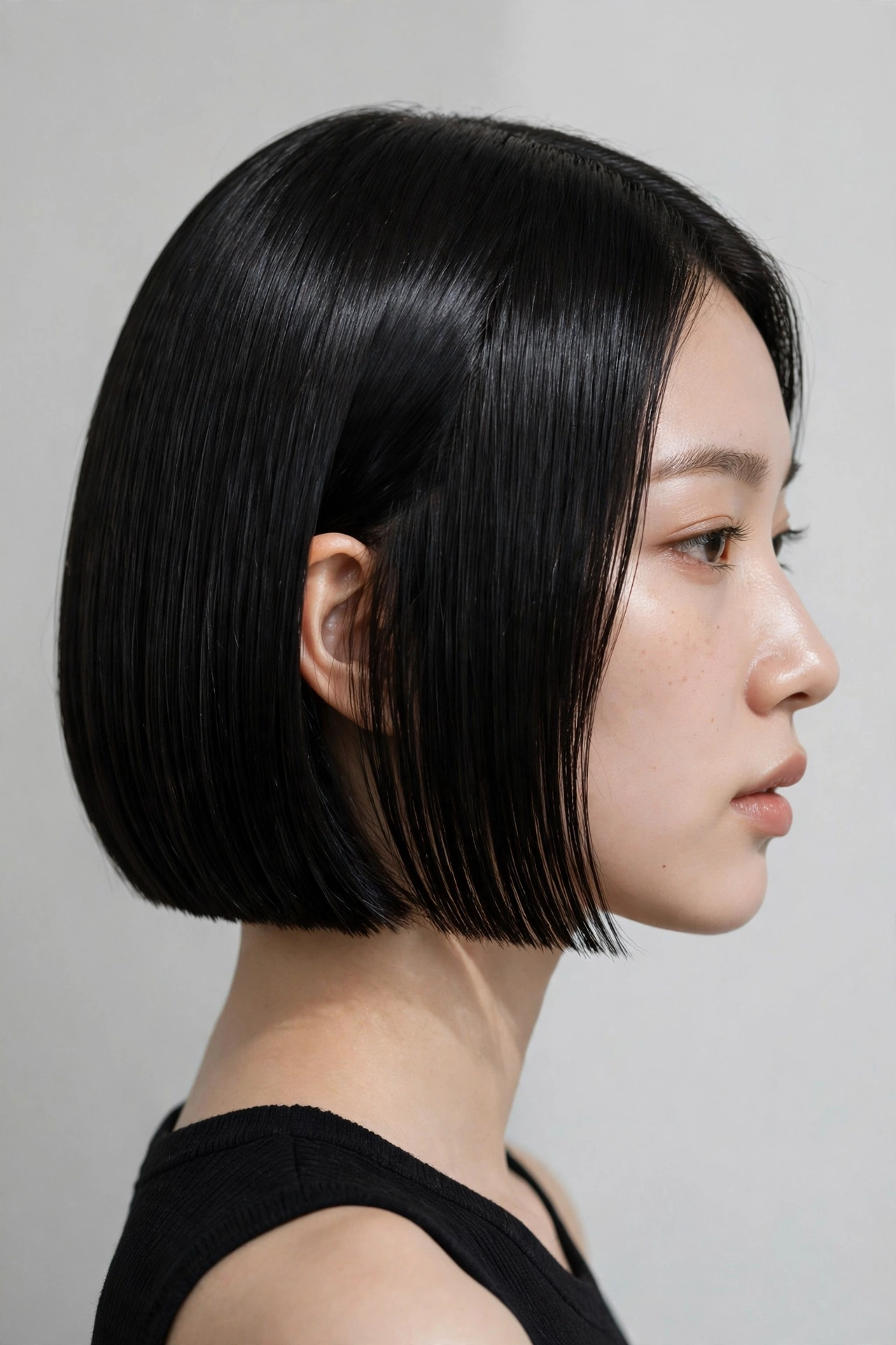 woman with a precise chin-length kpop bob, ends exactly at the jawline, side profile view