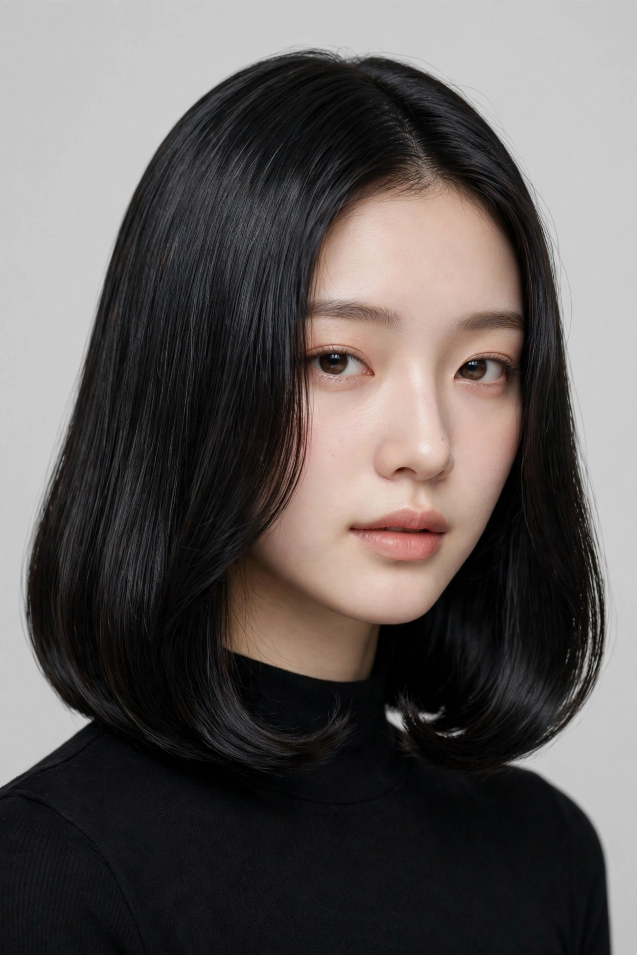 woman with a collarbone-length kpop lob, sleek glossy hair with c-curl ends