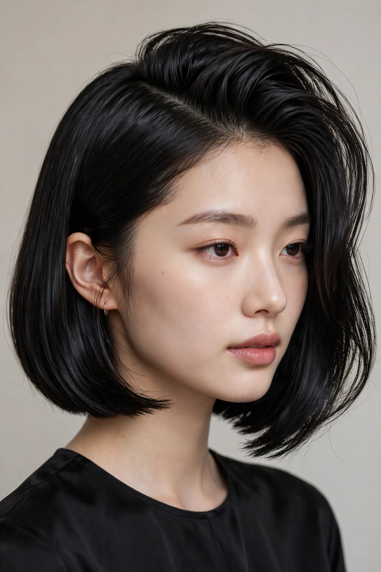 woman with a deep side-parted kpop bob, sleek hair swept to one side, glossy finish