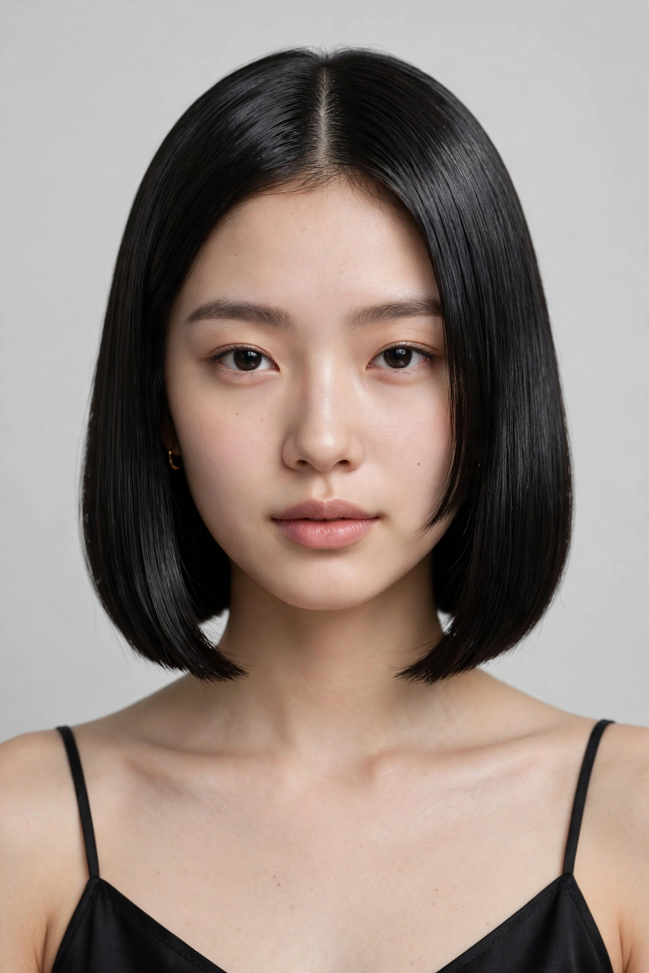 woman with a middle-part glass bob, perfectly symmetrical sleek hair, front view