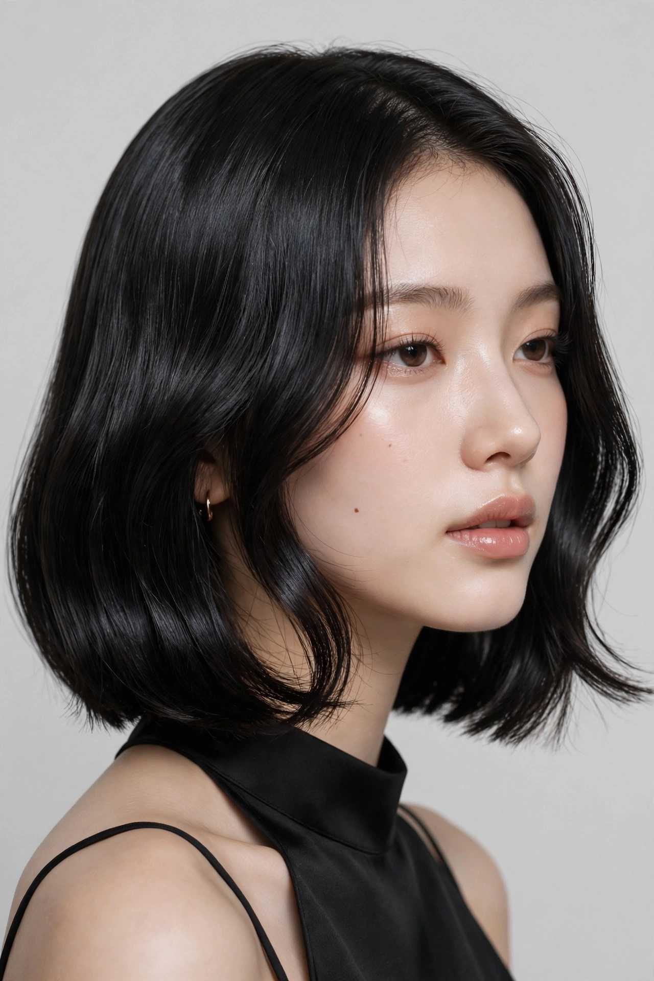 woman with a wavy textured idol bob, loose s-waves, glossy defined waves