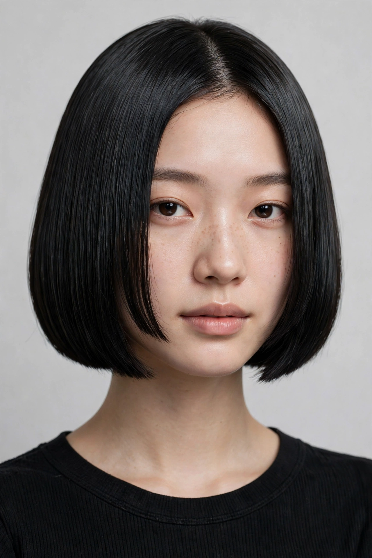 woman with a hime-inspired kpop bob, straight cheek-length sidelocks framing the face