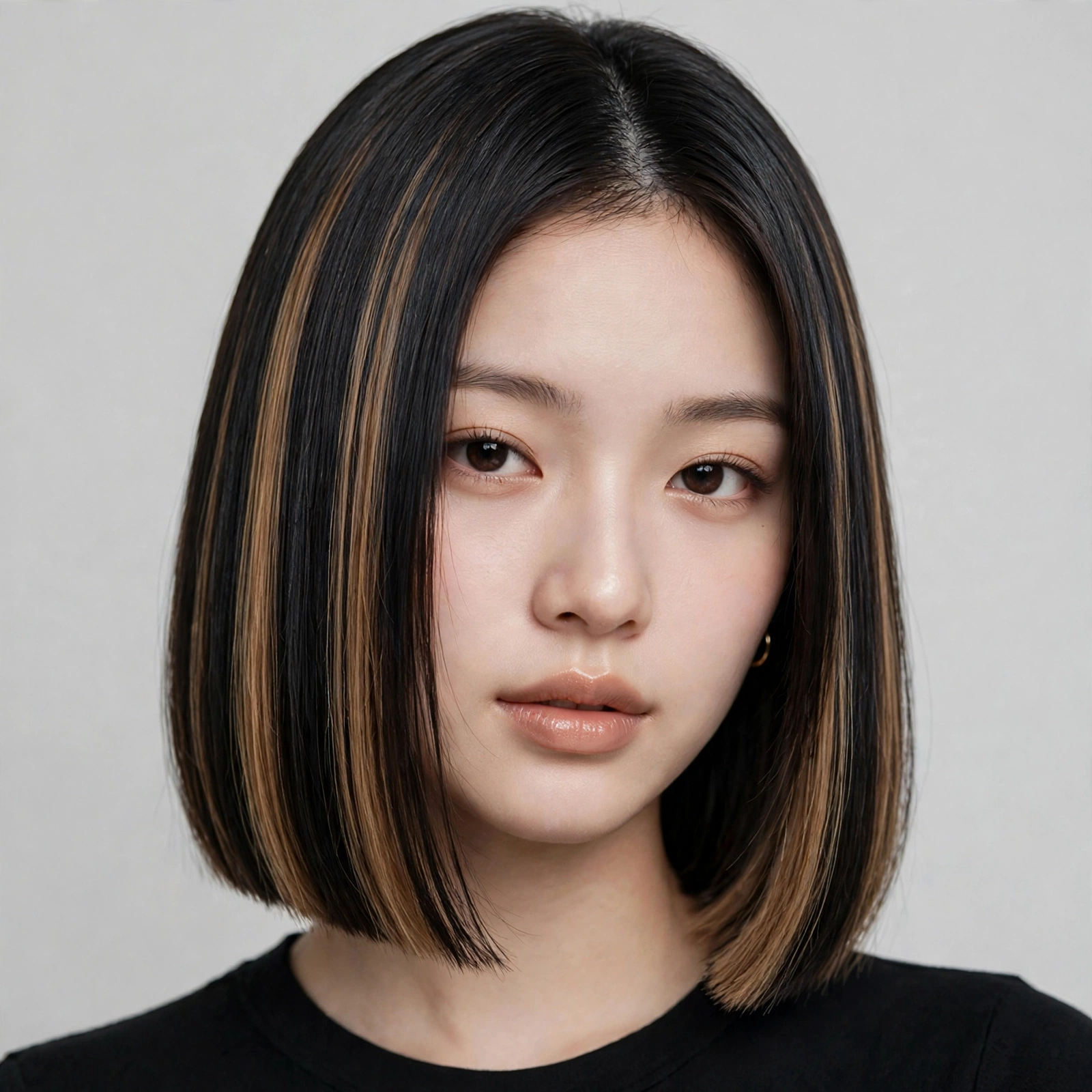 woman with a two-tone idol bob, dark roots with lighter caramel panels, sleek straight hair