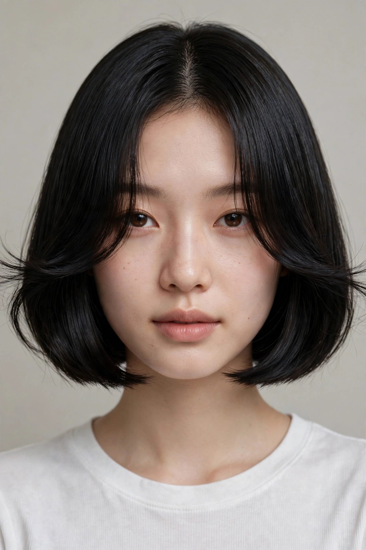 woman with a curtain fringe kpop bob, soft face-framing fringe parted in the middle