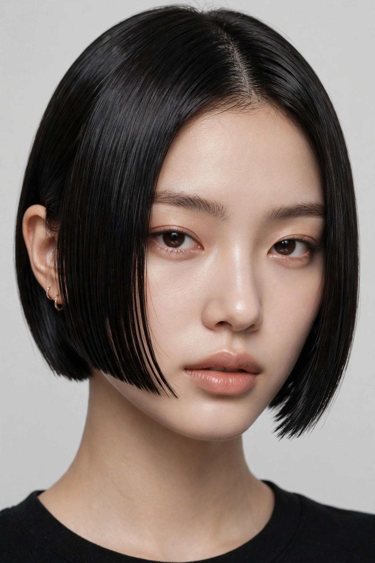 woman with an ultra-short micro kpop bob, jaw-skimming length, bold sleek style