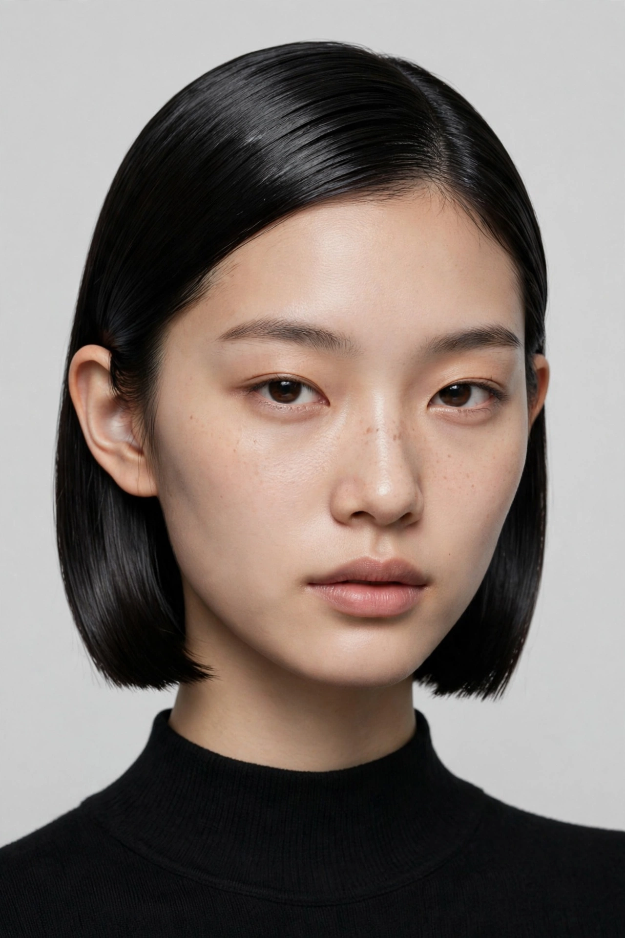 woman with a kpop bob tucked behind her ears, sleek sides showing earrings, elegant look