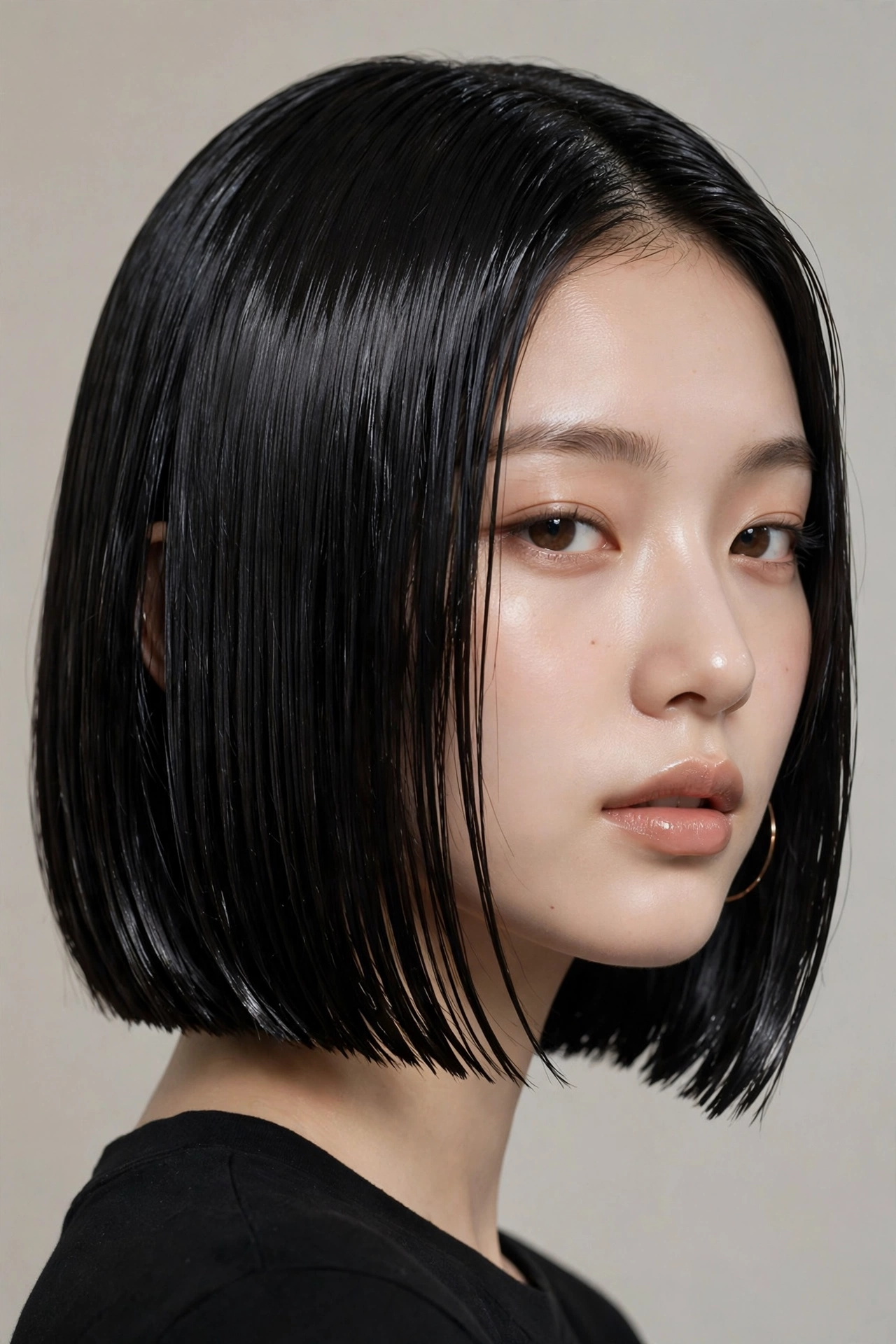 woman with a wet-look stage bob, high-shine gelled sleek hair, editorial fashion style