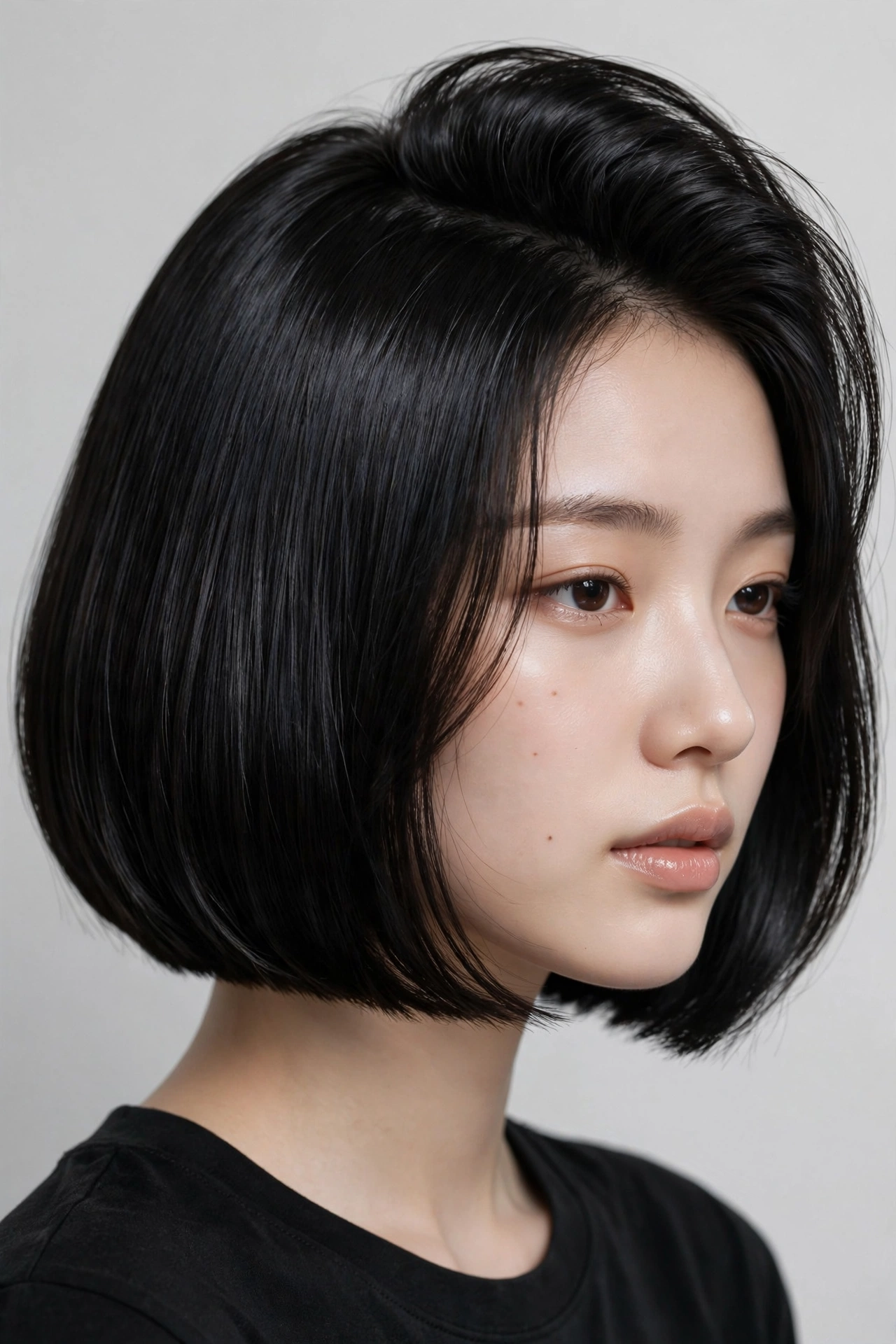 woman with a voluminous root kpop bob, lifted crown, sleek lengths, glossy hair