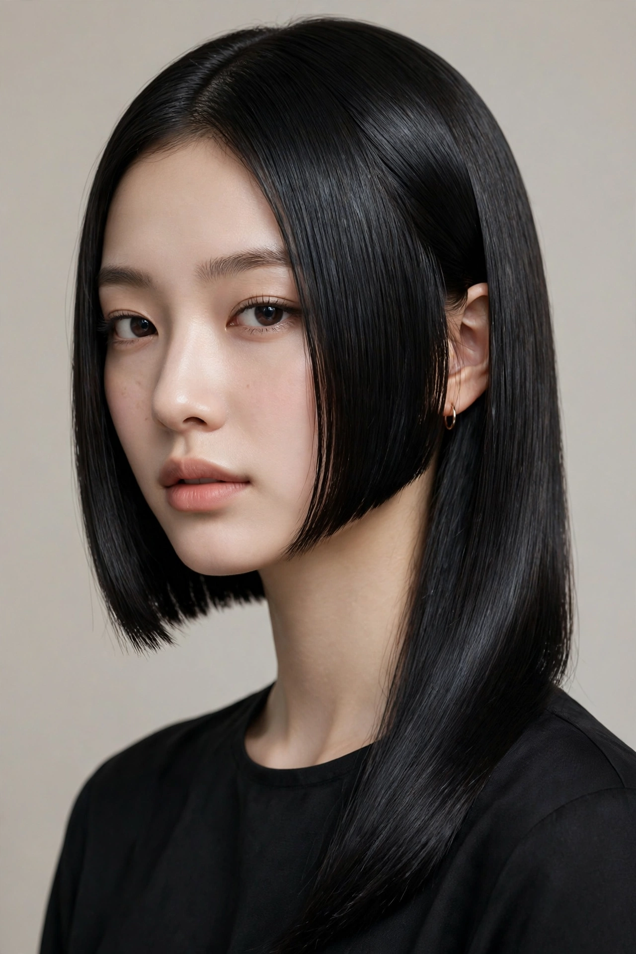 woman with an asymmetrical idol bob, one side visibly longer, sleek editorial style