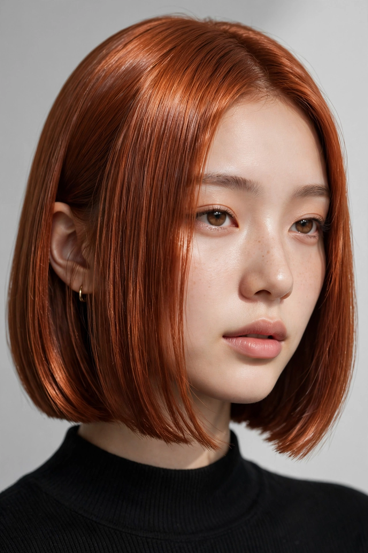 woman with a copper-colored idol bob, warm auburn sleek hair, glossy precision cut