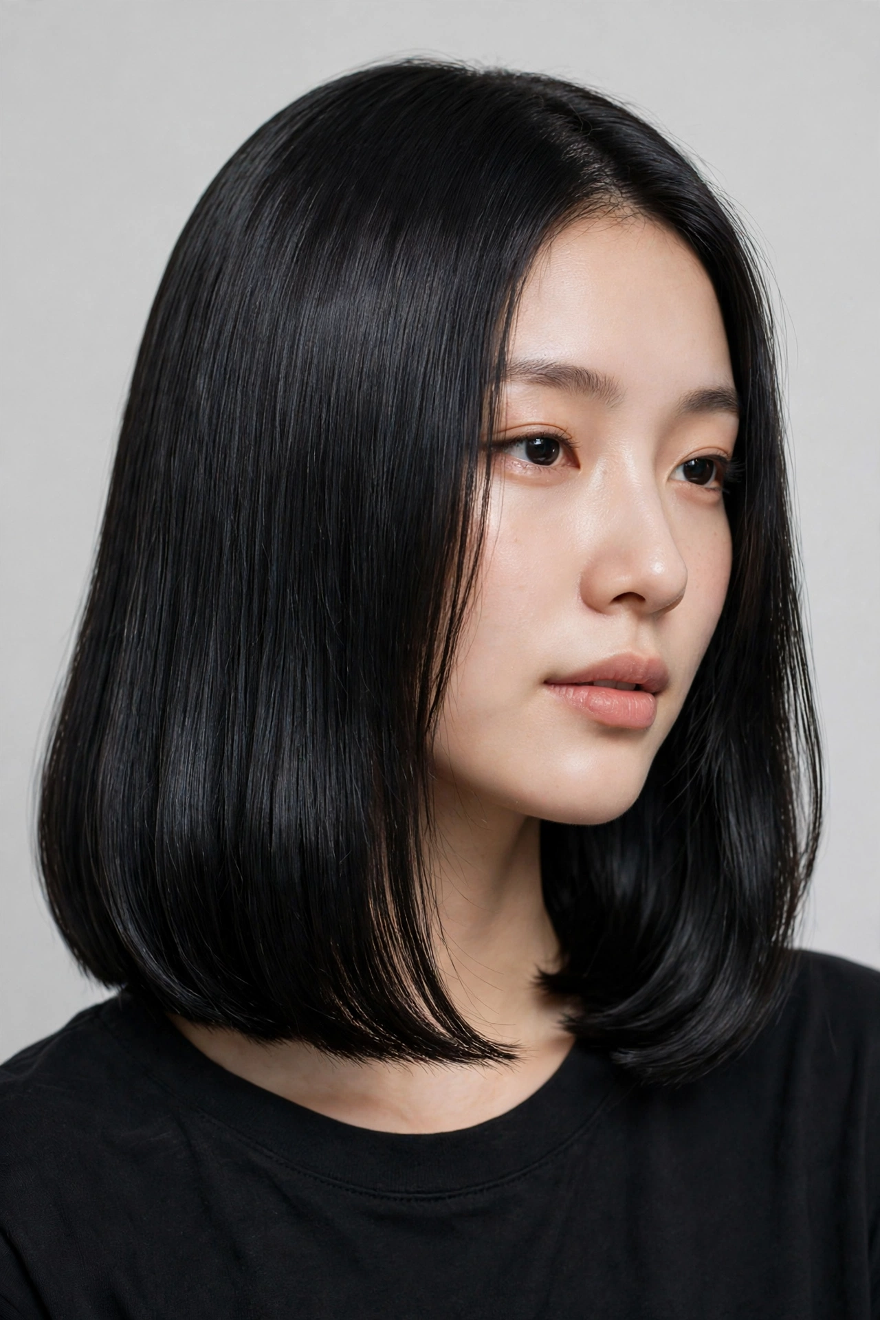 woman with a grown-out idol bob at shoulder length, sleek healthy hair, natural elegant style