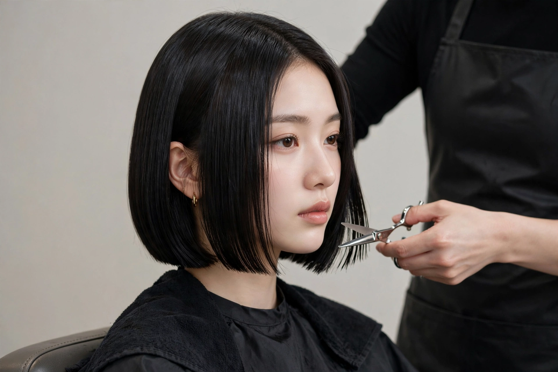 stylist trimming a woman's sleek bob with scissors, precision maintenance cut