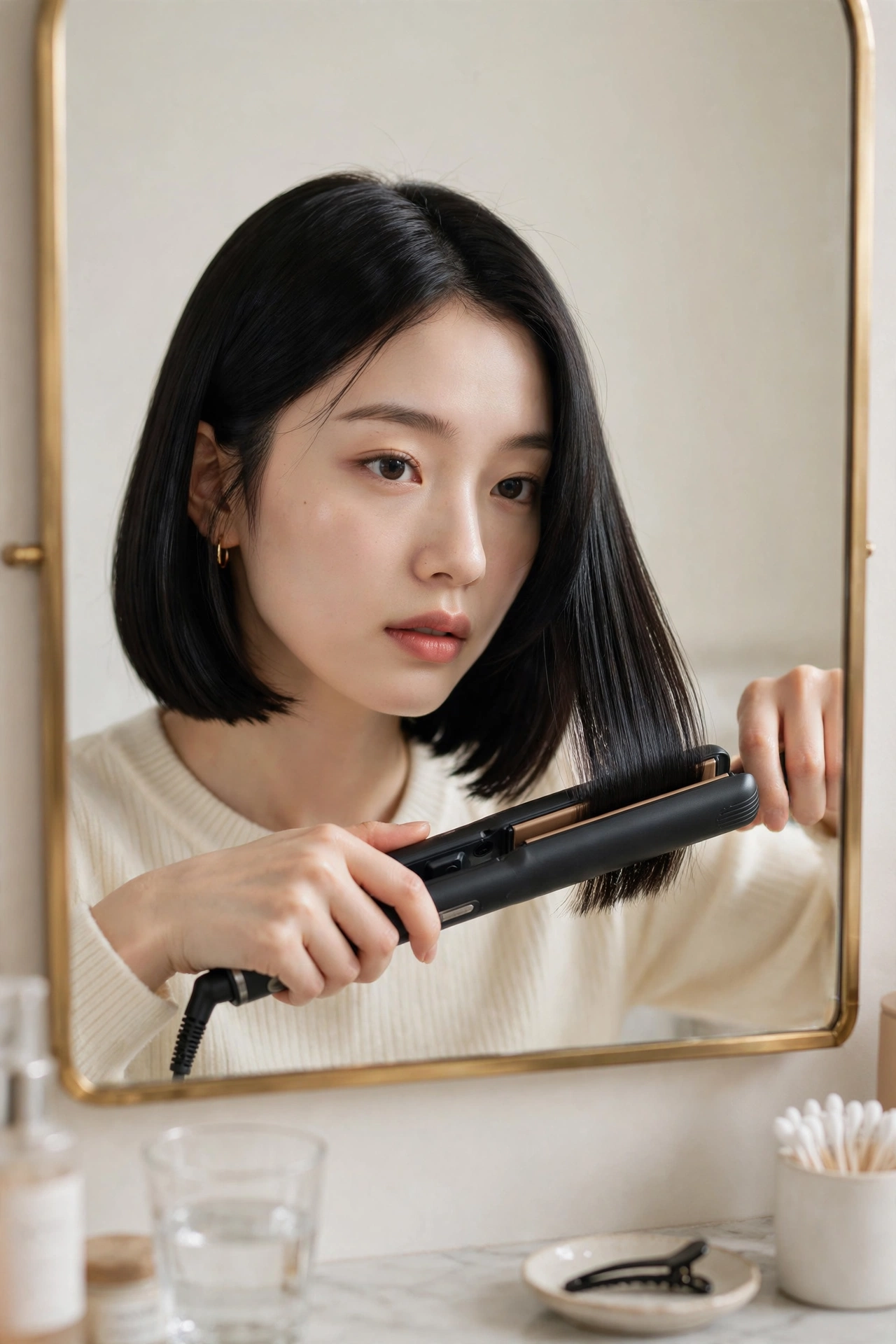 woman styling her sleek bob at home with a flat iron in front of a mirror