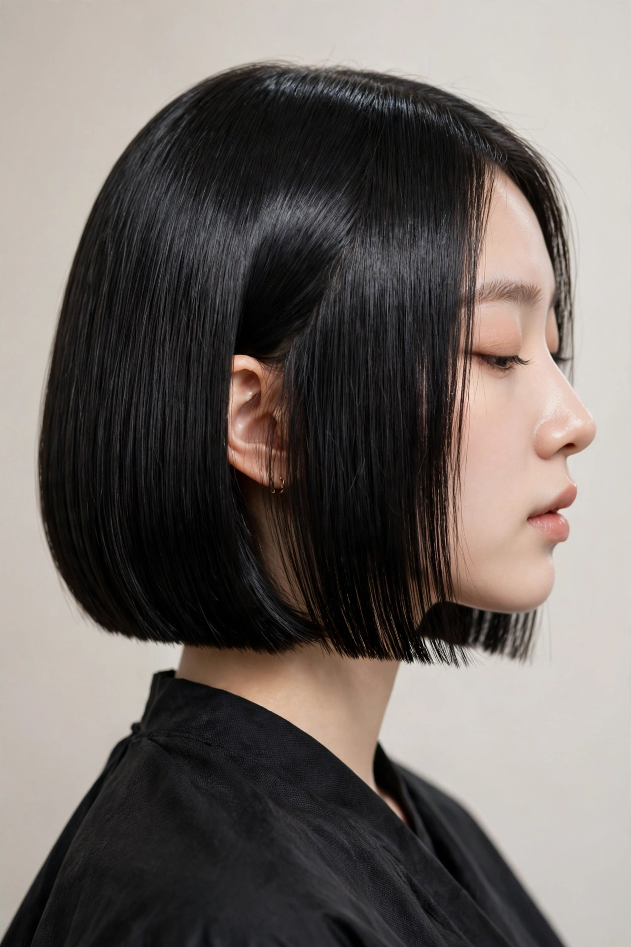 young Korean woman with a sleek glass-like kpop idol bob, chin-length glossy black hair, salon portrait