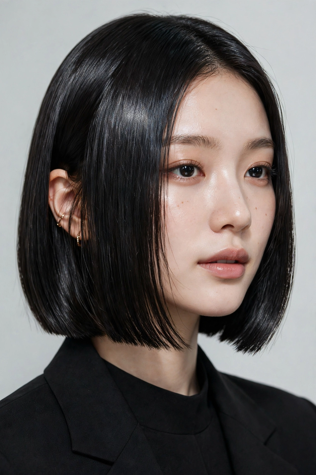 elegant woman with a sleek kpop idol bob at a fashion event, glossy hair catching the light