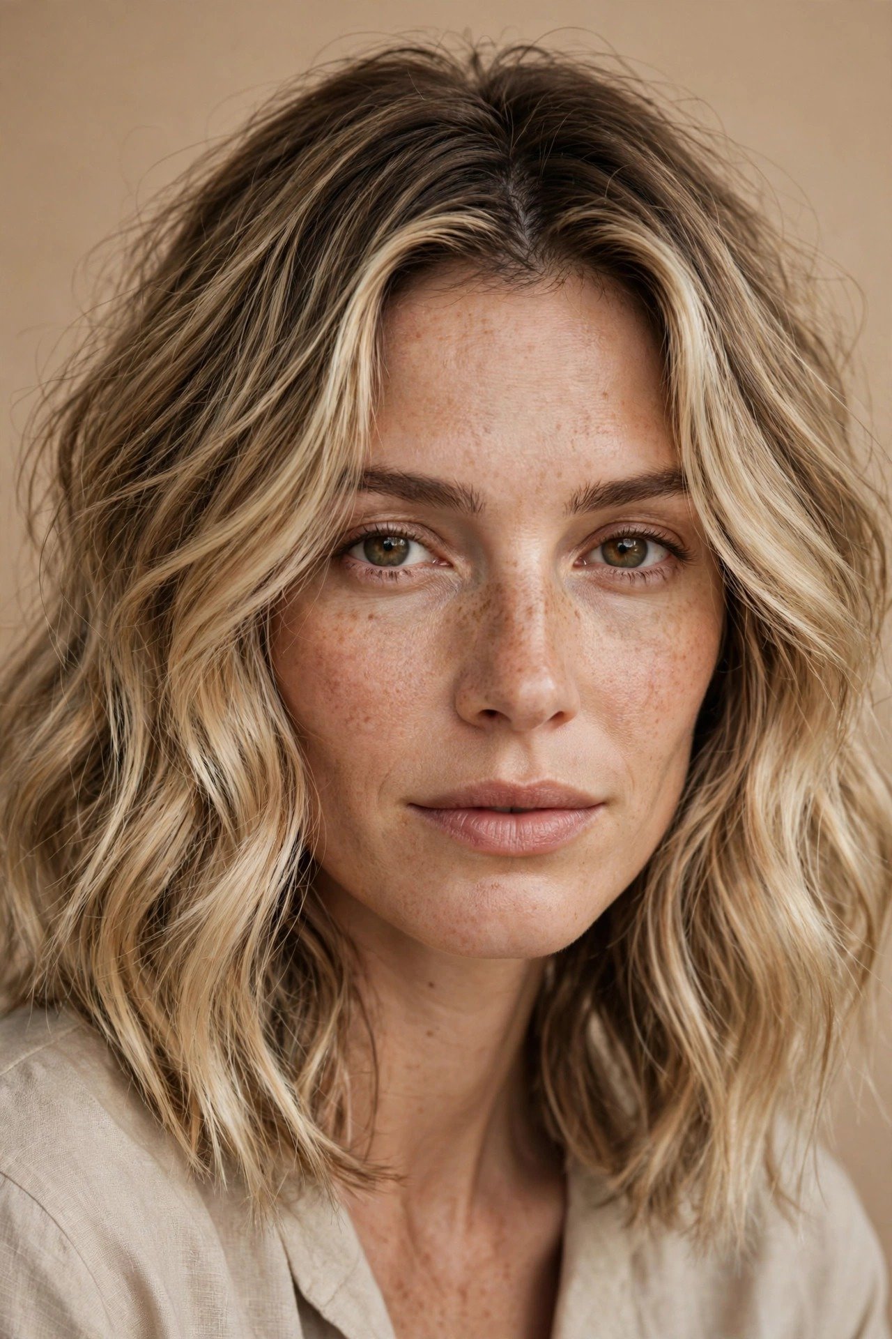 Root-shadow lived-in blonde, shadowed roots melting into dimensional blonde lengths, wavy medium hair