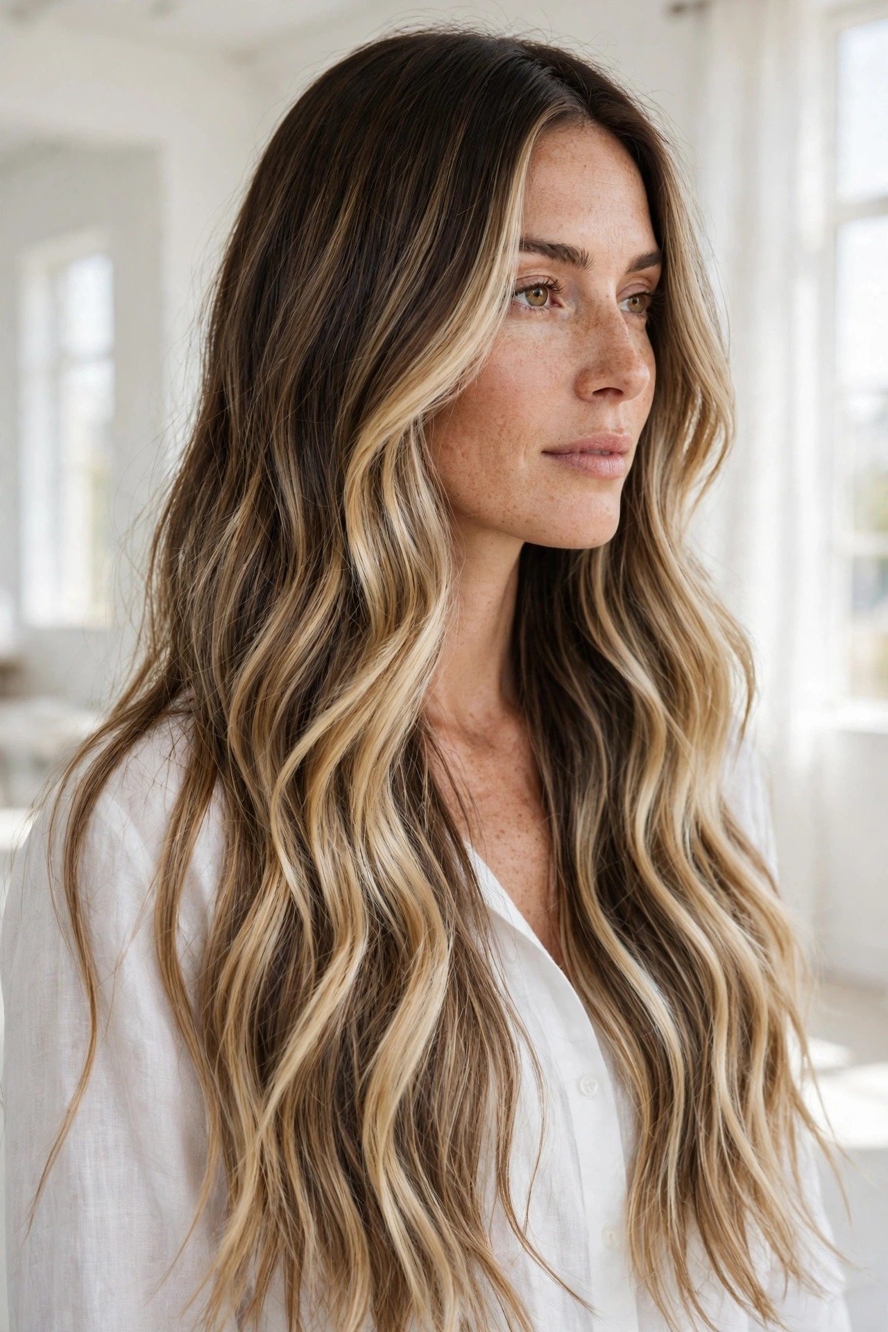 Balayage lived-in blonde, hand-painted sun-kissed blonde ribbons through brunette-rooted hair, luminous