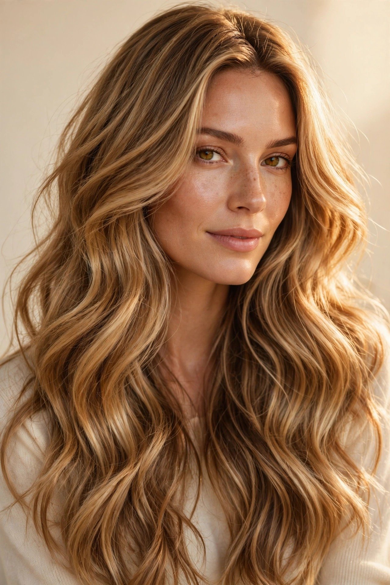 Honey lived-in blonde, warm golden honey blonde with dimensional lowlights, long wavy glowing hair