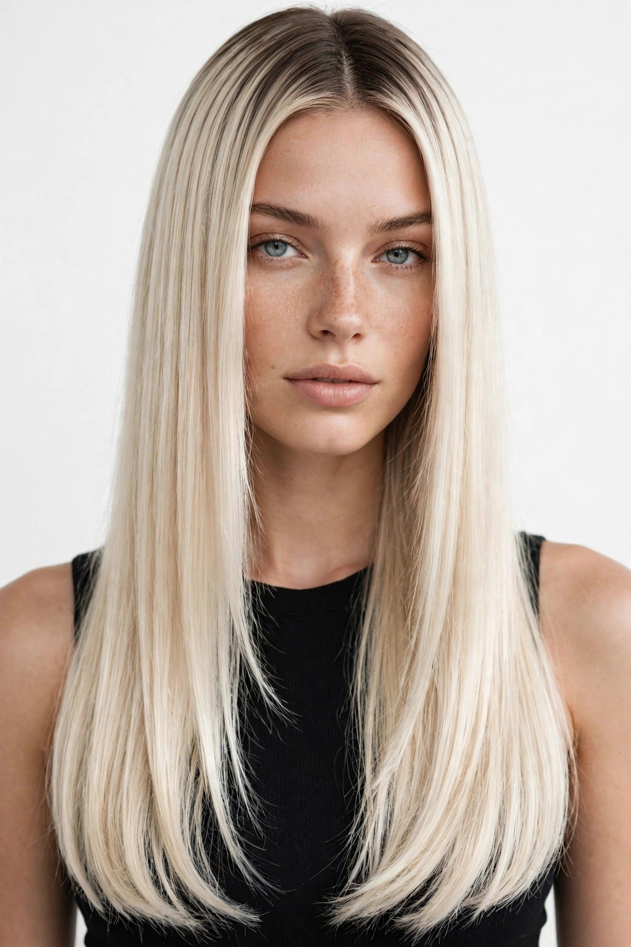 Platinum root-melt blonde, bright platinum lengths melting from shadowed root, sleek straight hair