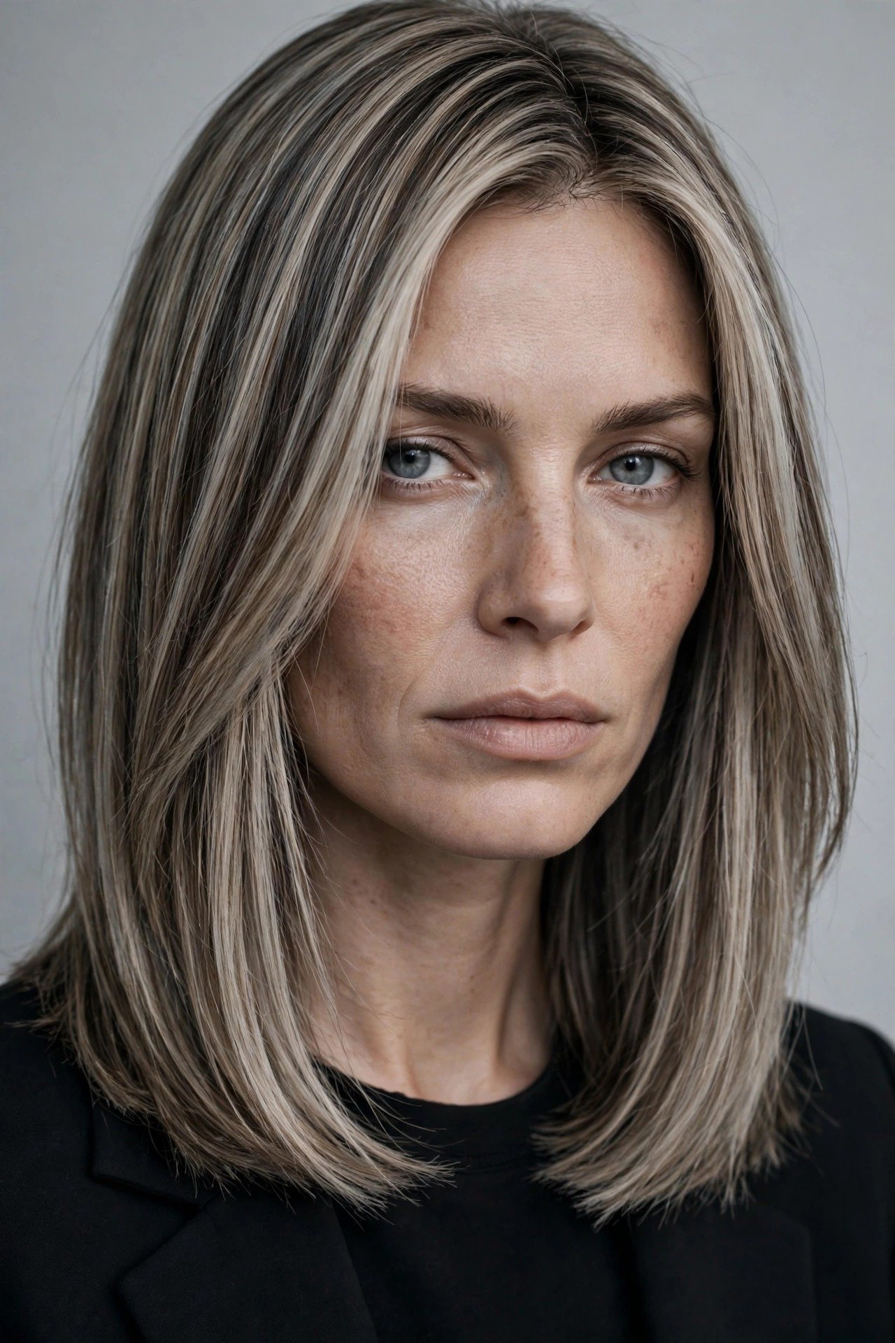 Dimensional ash blonde, cool smoky ash blonde with subtle darker lowlights, medium straight hair