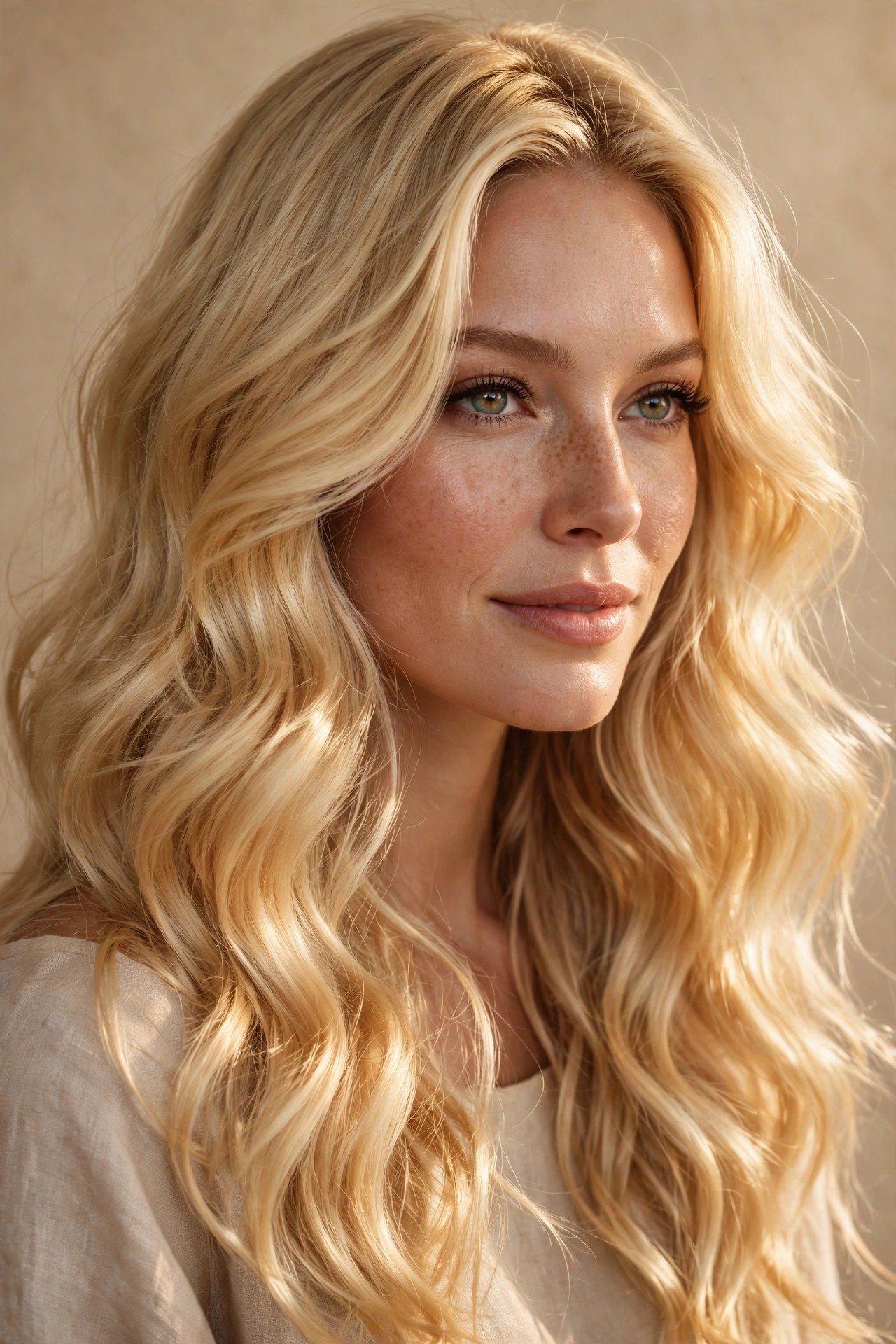 Golden butter blonde hair, rich creamy golden blonde with warm luminous dimension, long wavy hair