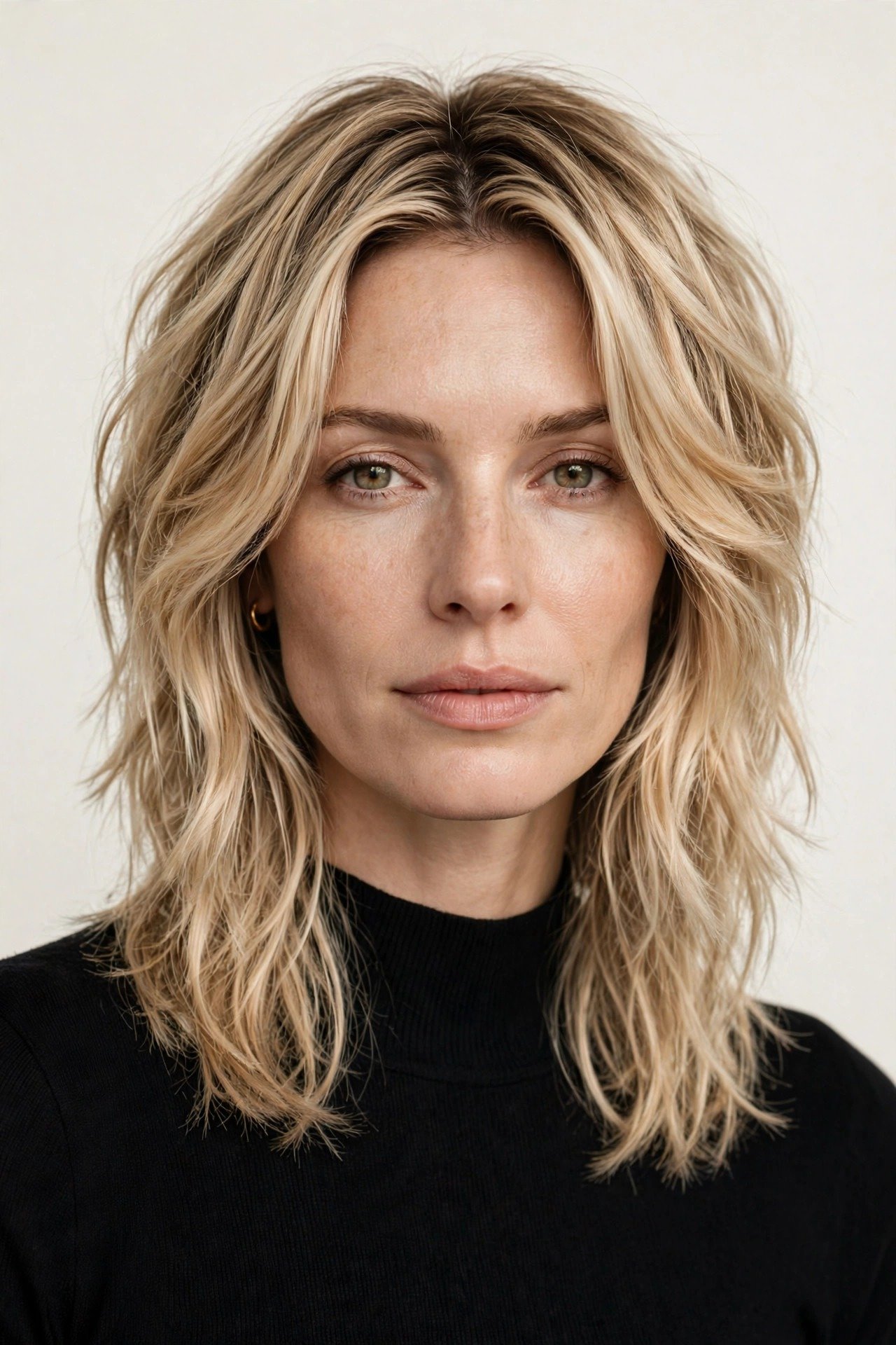 Lived-in blonde lob haircut, dimensional blonde long bob with soft root shadow, modern chic