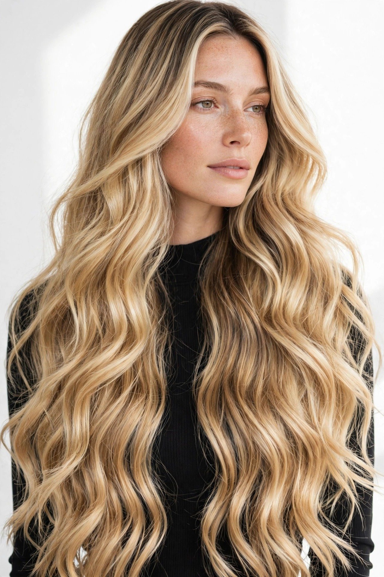 Long lived-in blonde waves, dimensional blonde cascading in soft waves, natural root shadow, luxurious