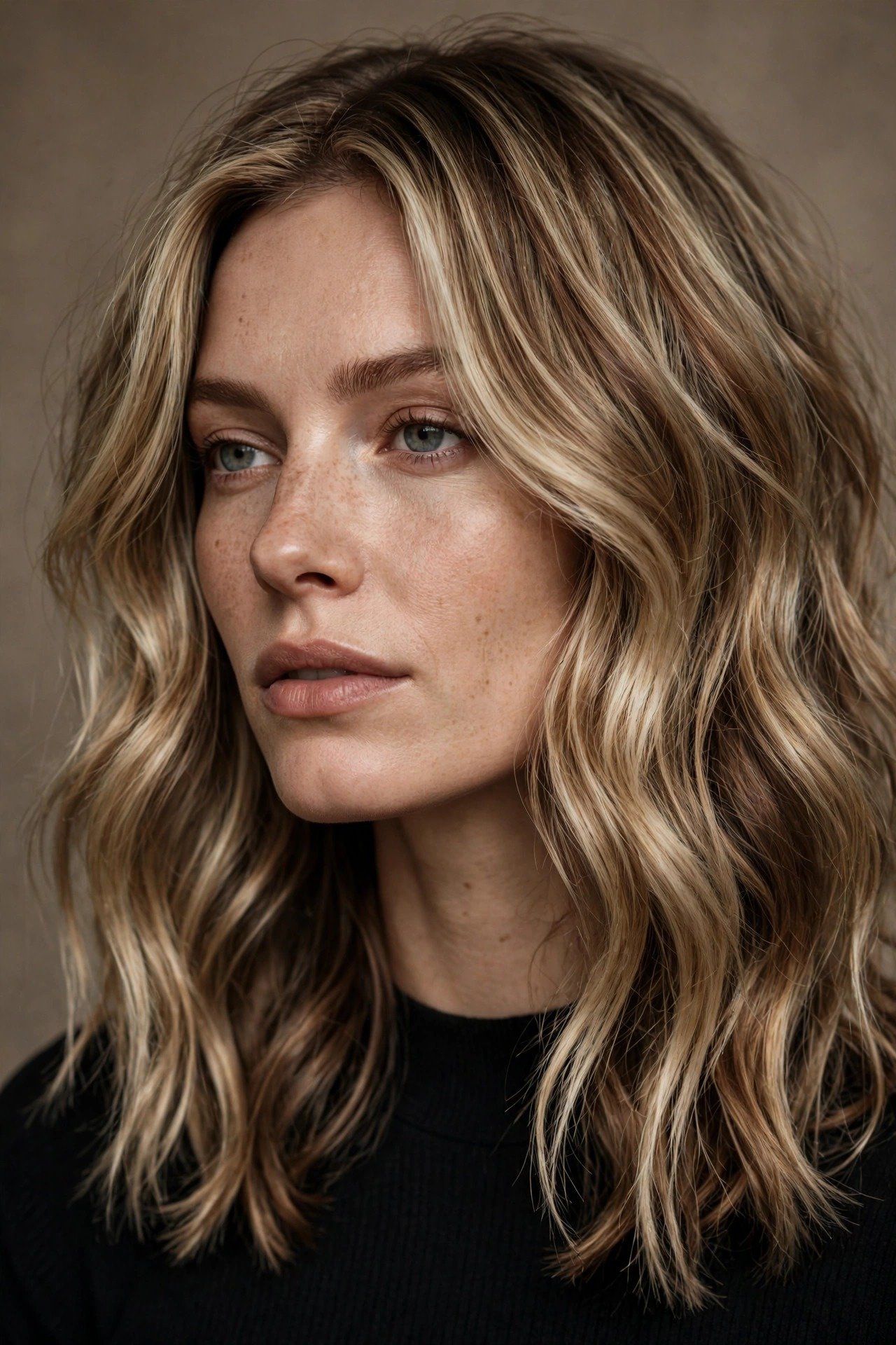 Lowlighted lived-in blonde, blonde with deeper caramel lowlights creating rich dimension, wavy hair