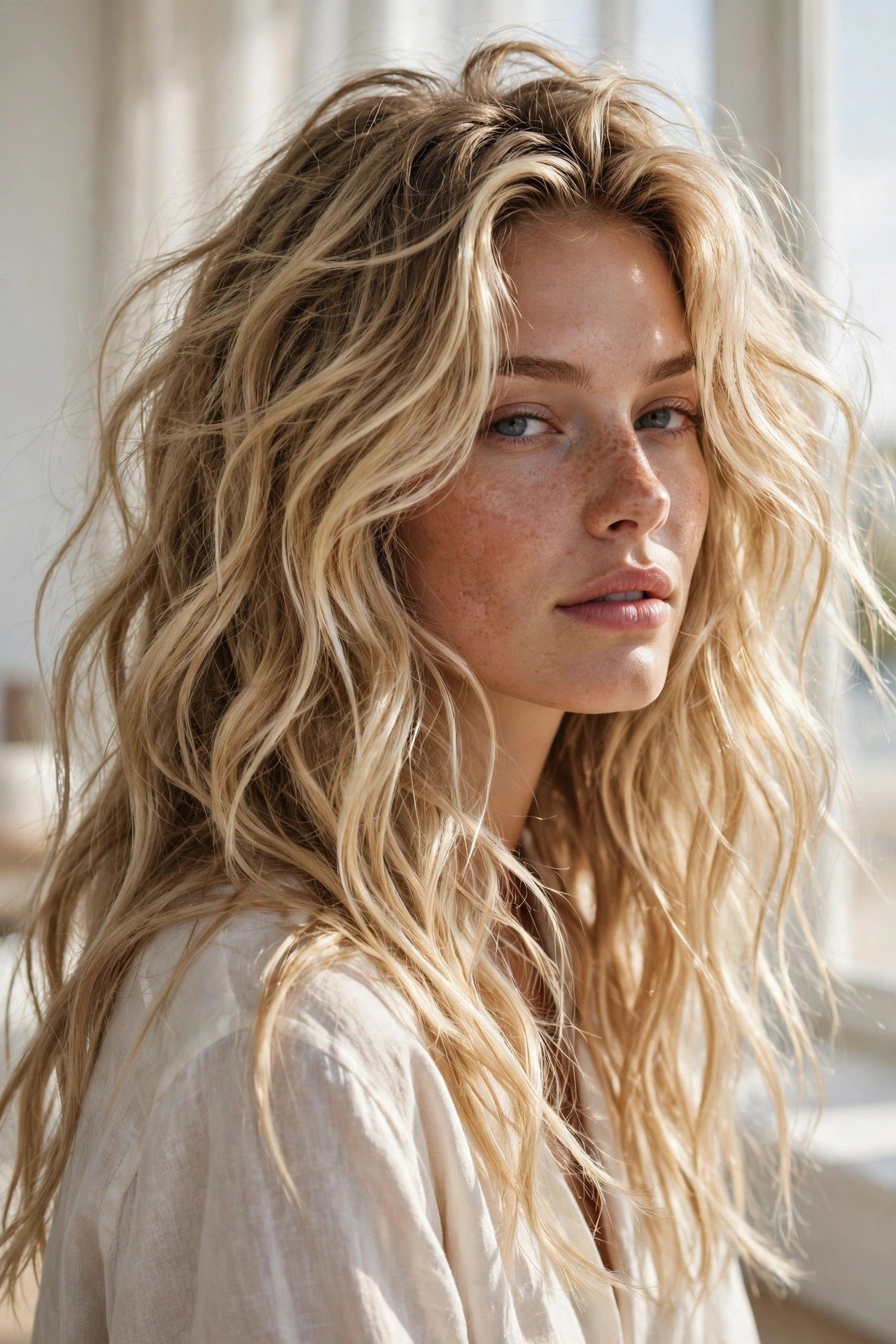 Sandy beach blonde hair, natural sun-bleached sandy blonde with dimension, tousled beachy waves