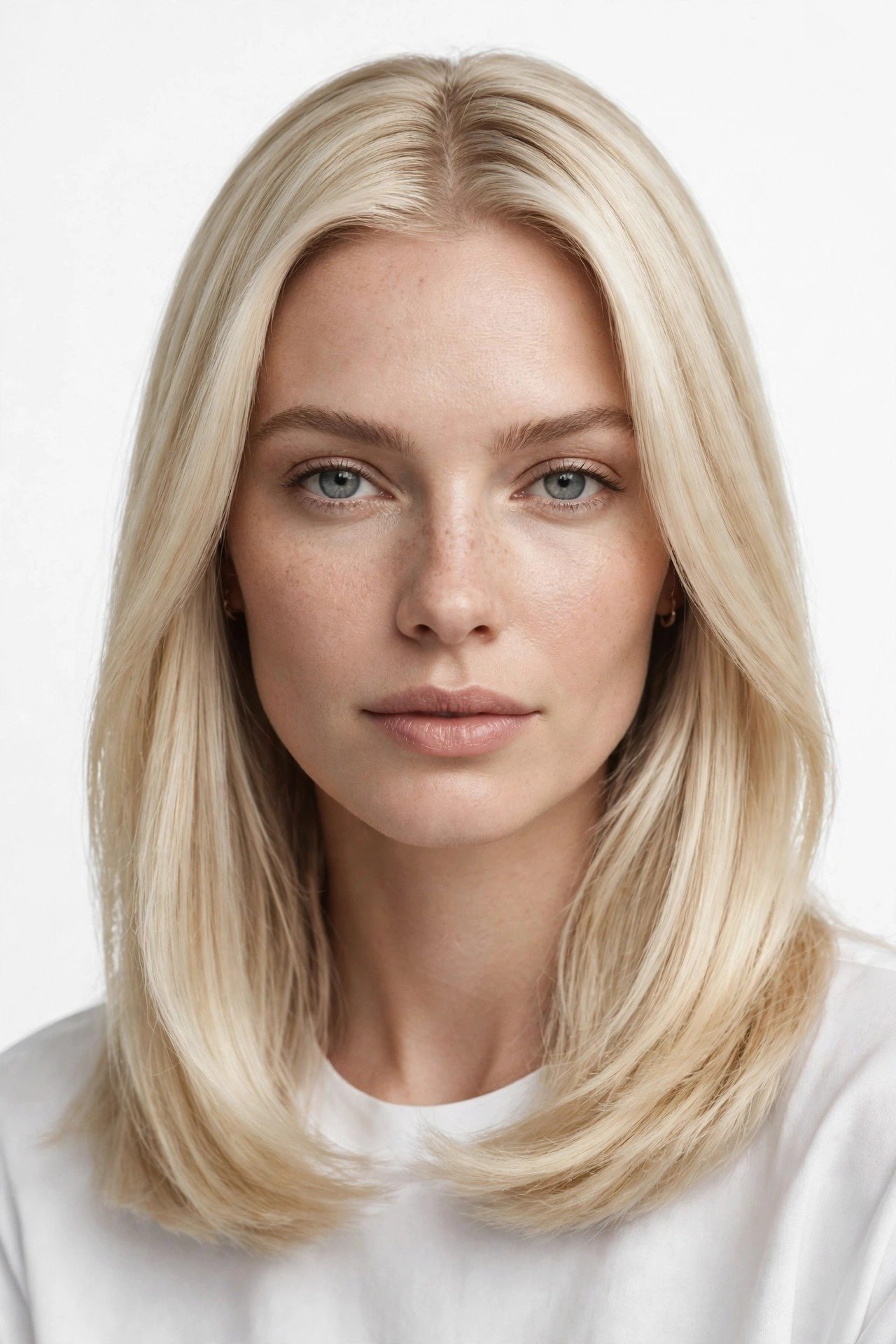 Creamy vanilla blonde hair, soft creamy blonde with subtle dimension, smooth straight hair, polished