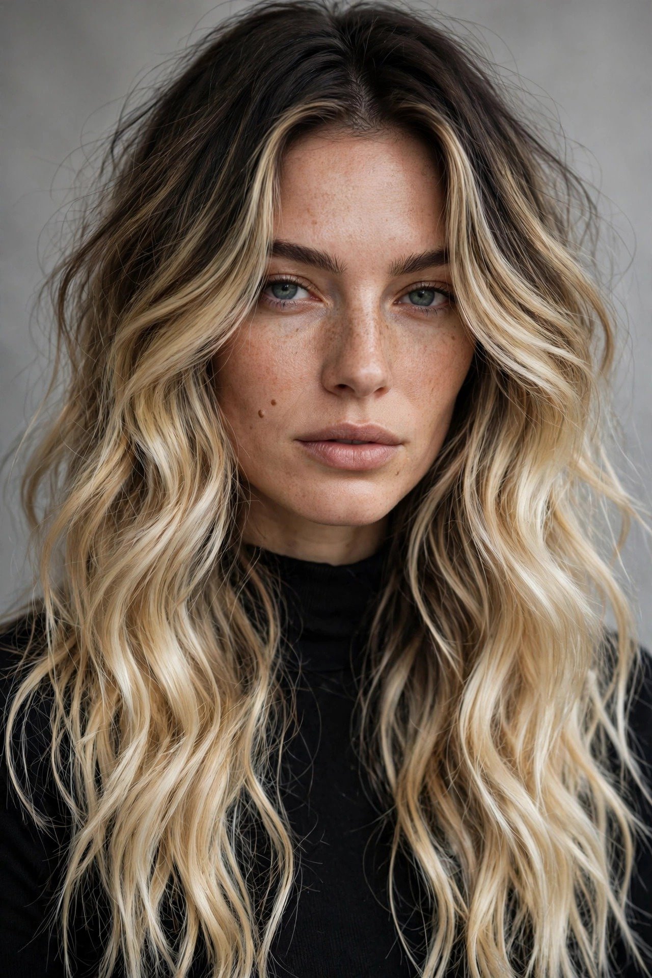 Dark-root lived-in blonde, deep brunette roots melting into bright blonde lengths, high-contrast color