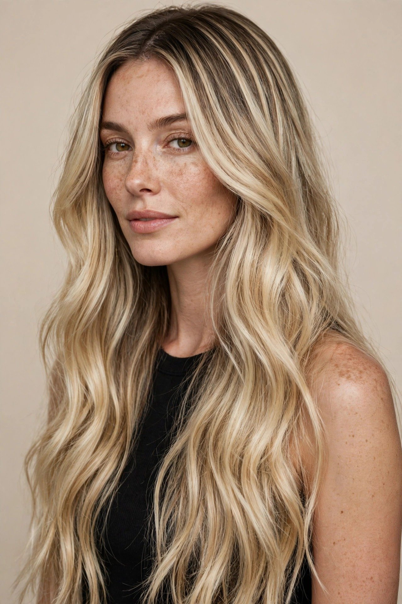 Foilayage lived-in blonde, soft foiled blonde dimension with natural root shadow, seamless blended ribbons