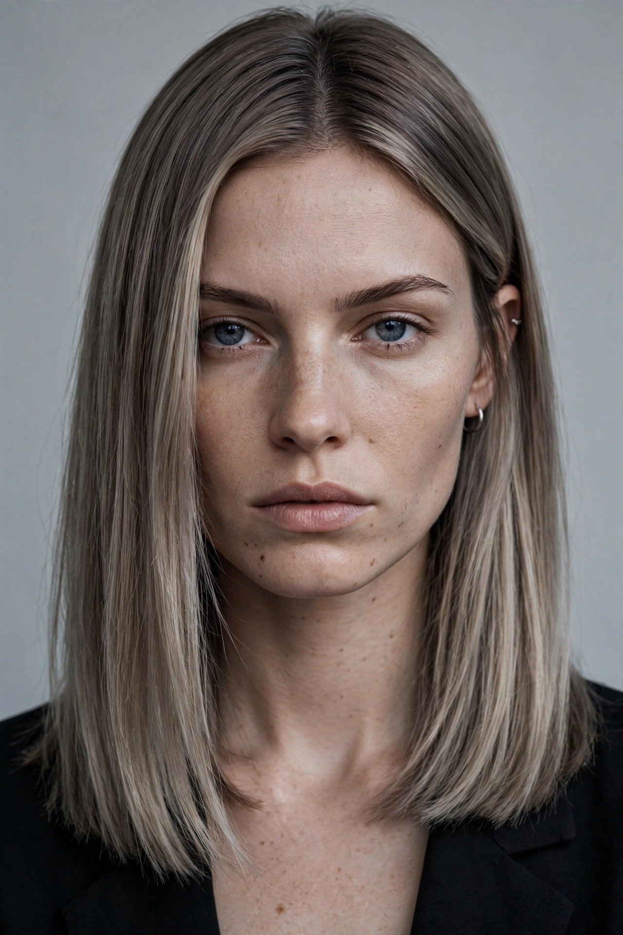 Mushroom taupe lived-in blonde, cool mushroom-brown blonde blend with ashy dimension, modern