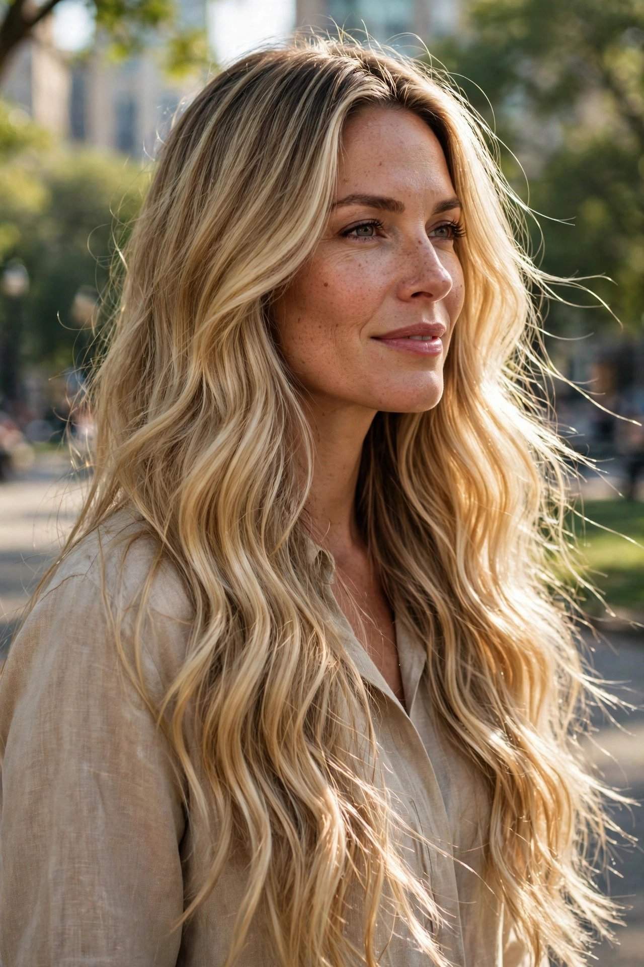 Confident woman with dimensional lived-in blonde hair outdoors, long wavy blonde in sunlight