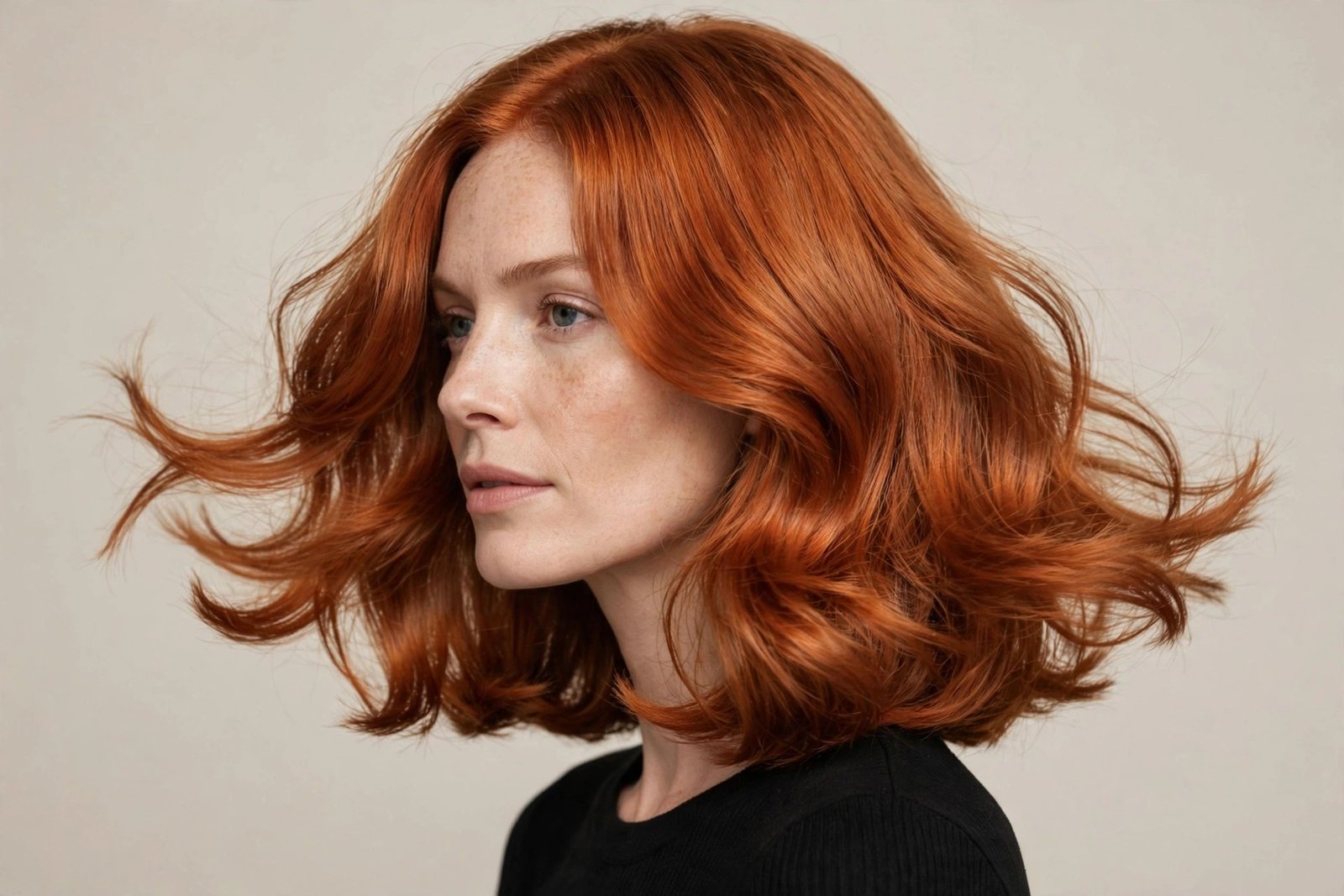 Woman with flipped-end long layered bob, copper hair flicking outward at the collarbone, premium editorial hair photography